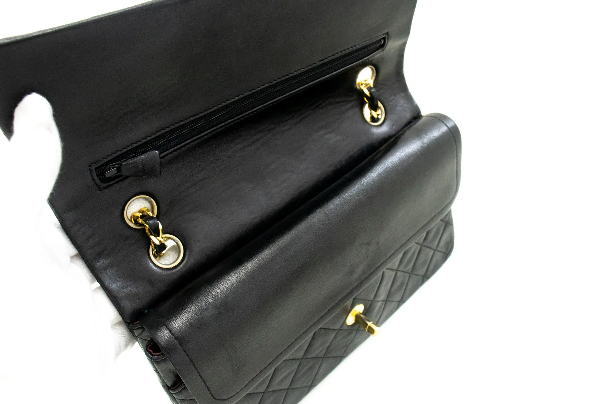 CHANEL Classic Double Flap 10" Chain Shoulder Bag Black Lambskin m50