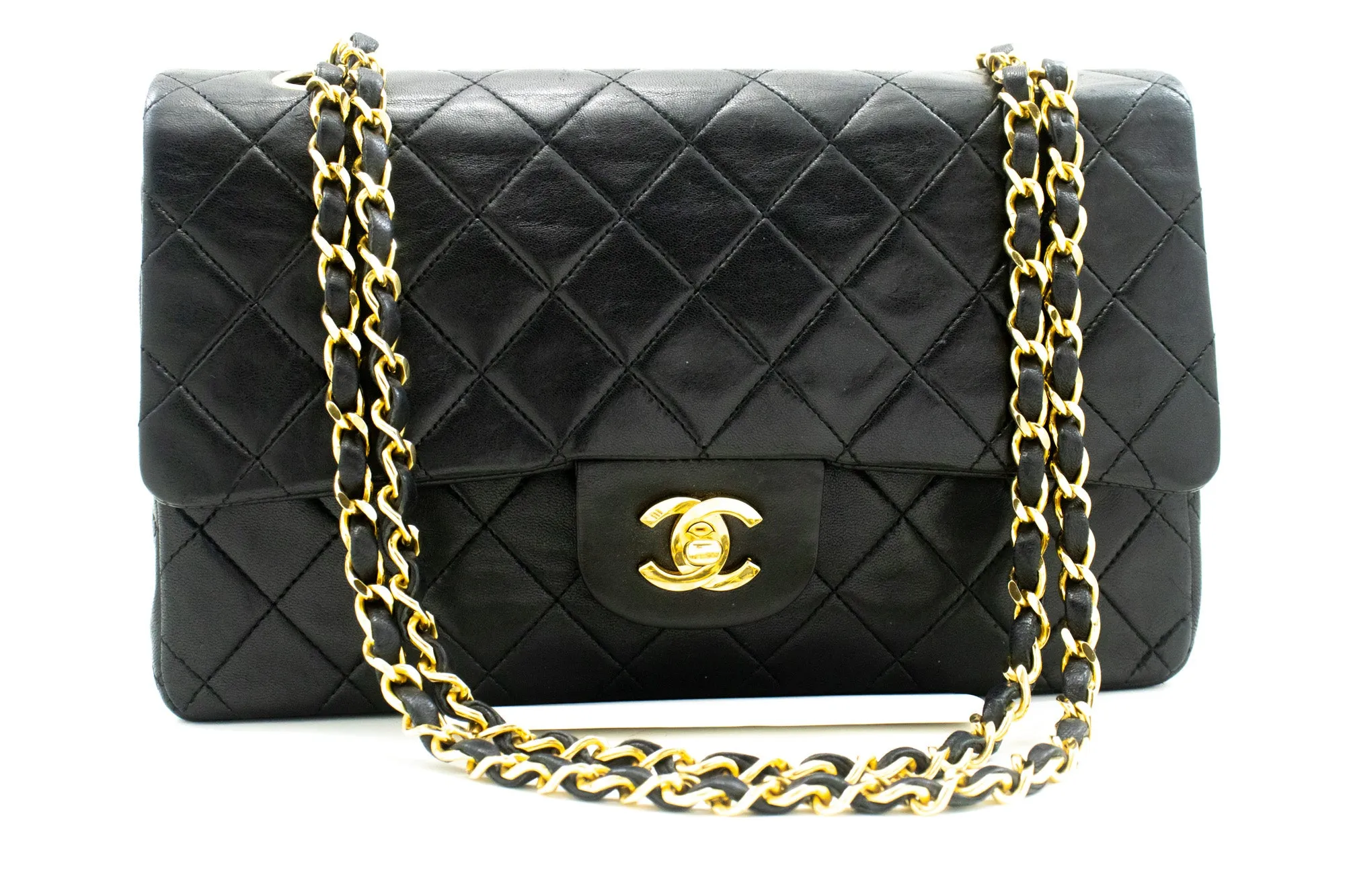 CHANEL Classic Double Flap 10" Chain Shoulder Bag Black Lambskin m50