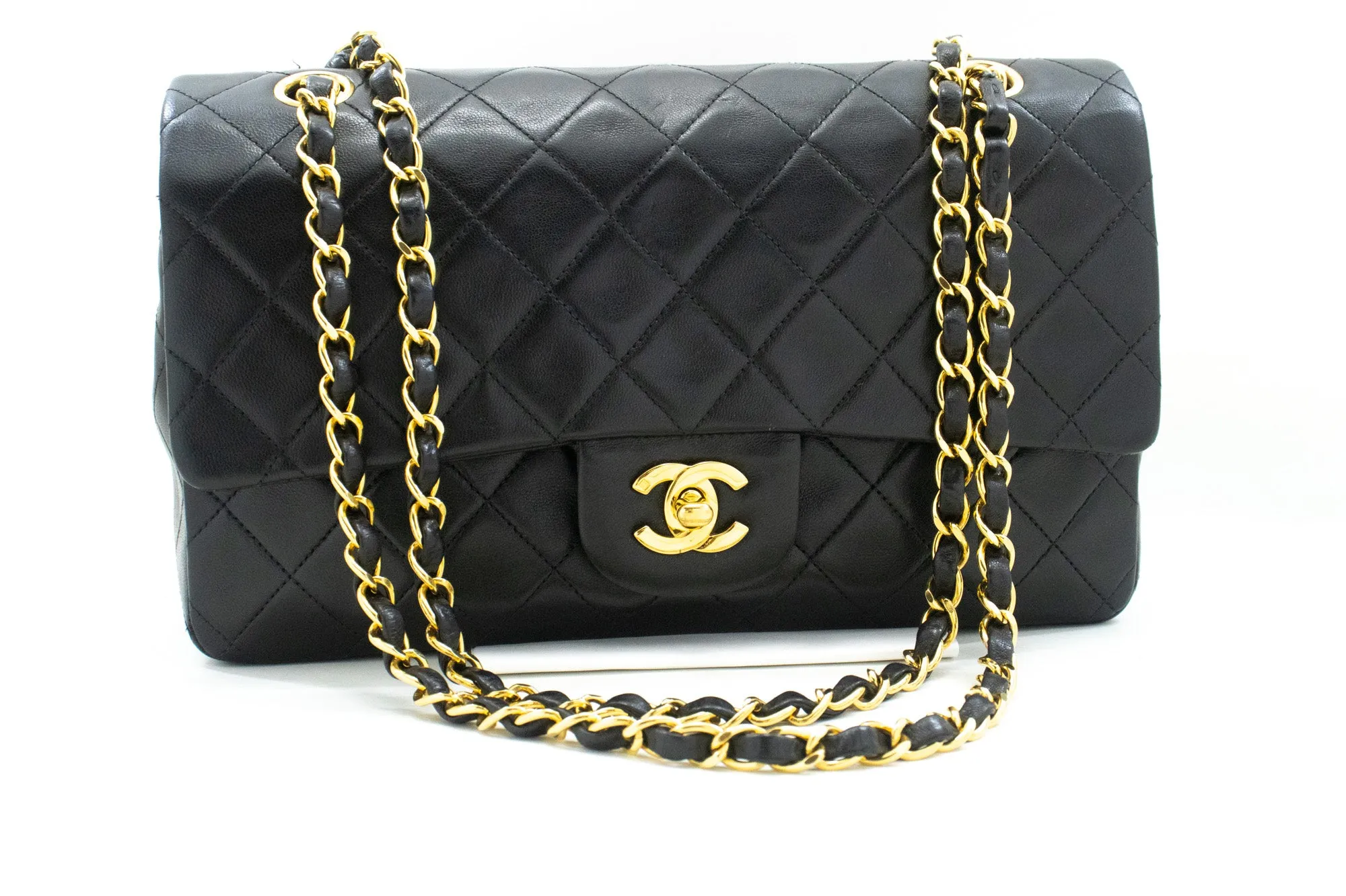 CHANEL Classic Double Flap 10" Chain Shoulder Bag Black Lambskin m75