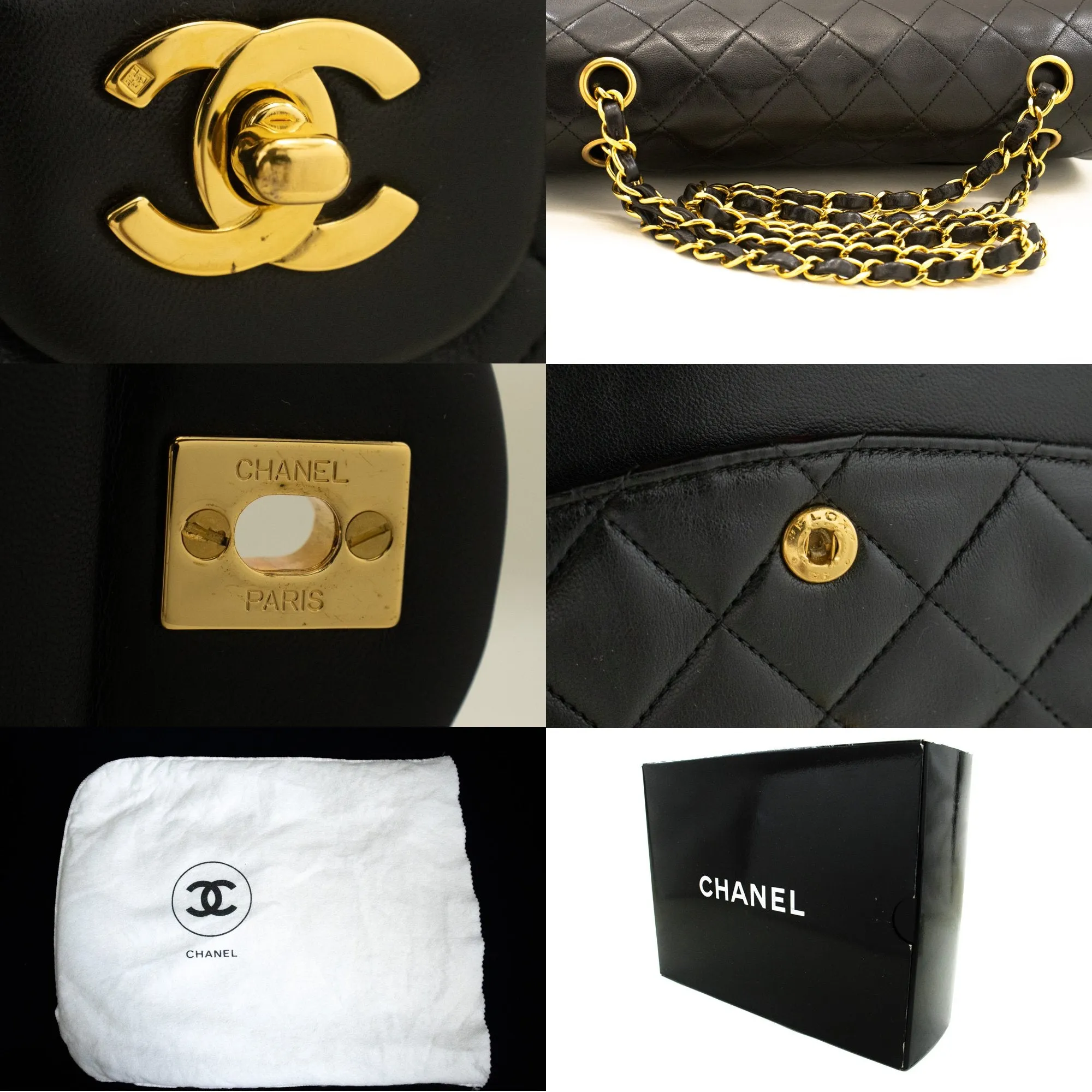 CHANEL Classic Double Flap 10" Chain Shoulder Bag Black Lambskin m75