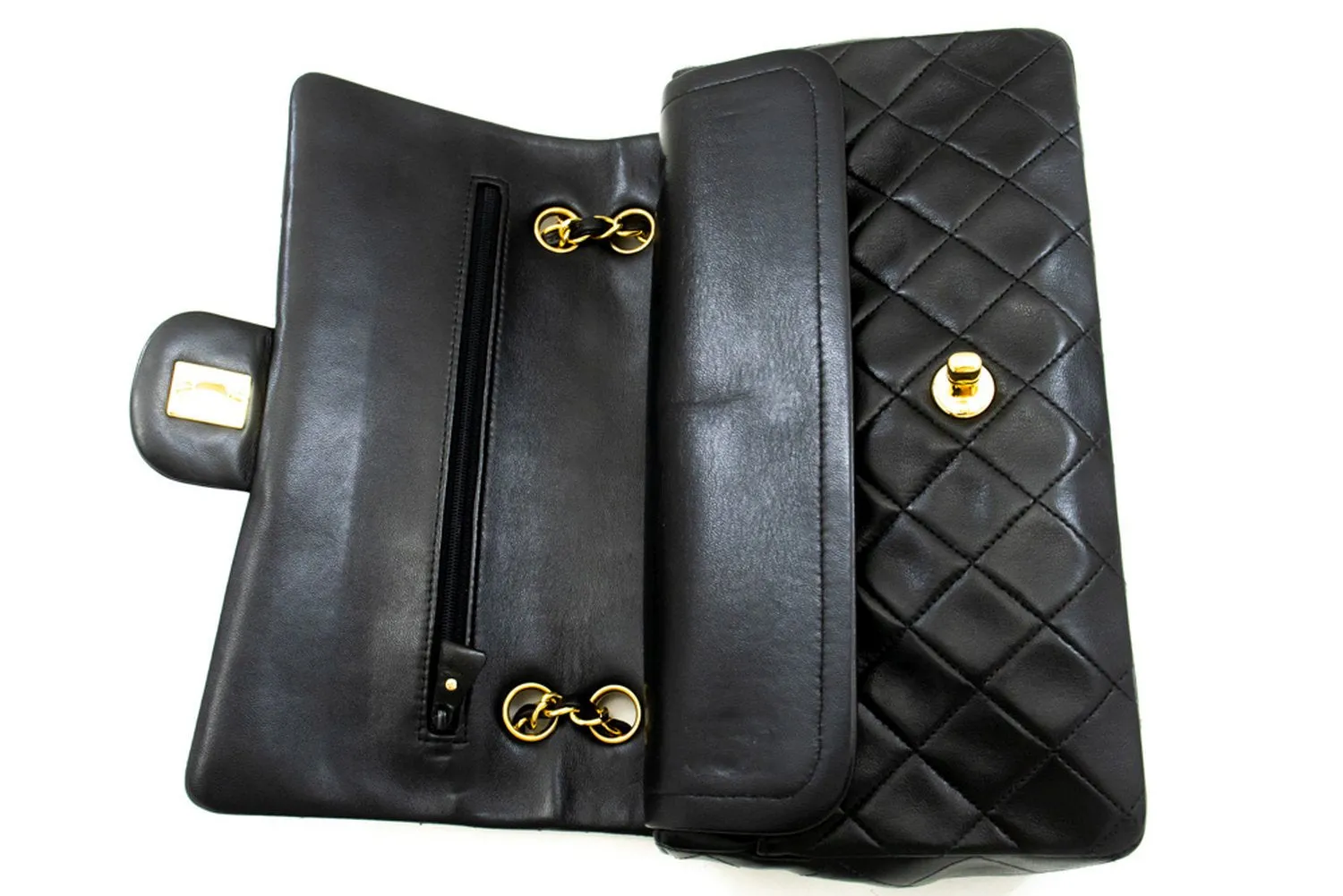 CHANEL Classic Double Flap 10" Chain Shoulder Bag Black Lambskin m75