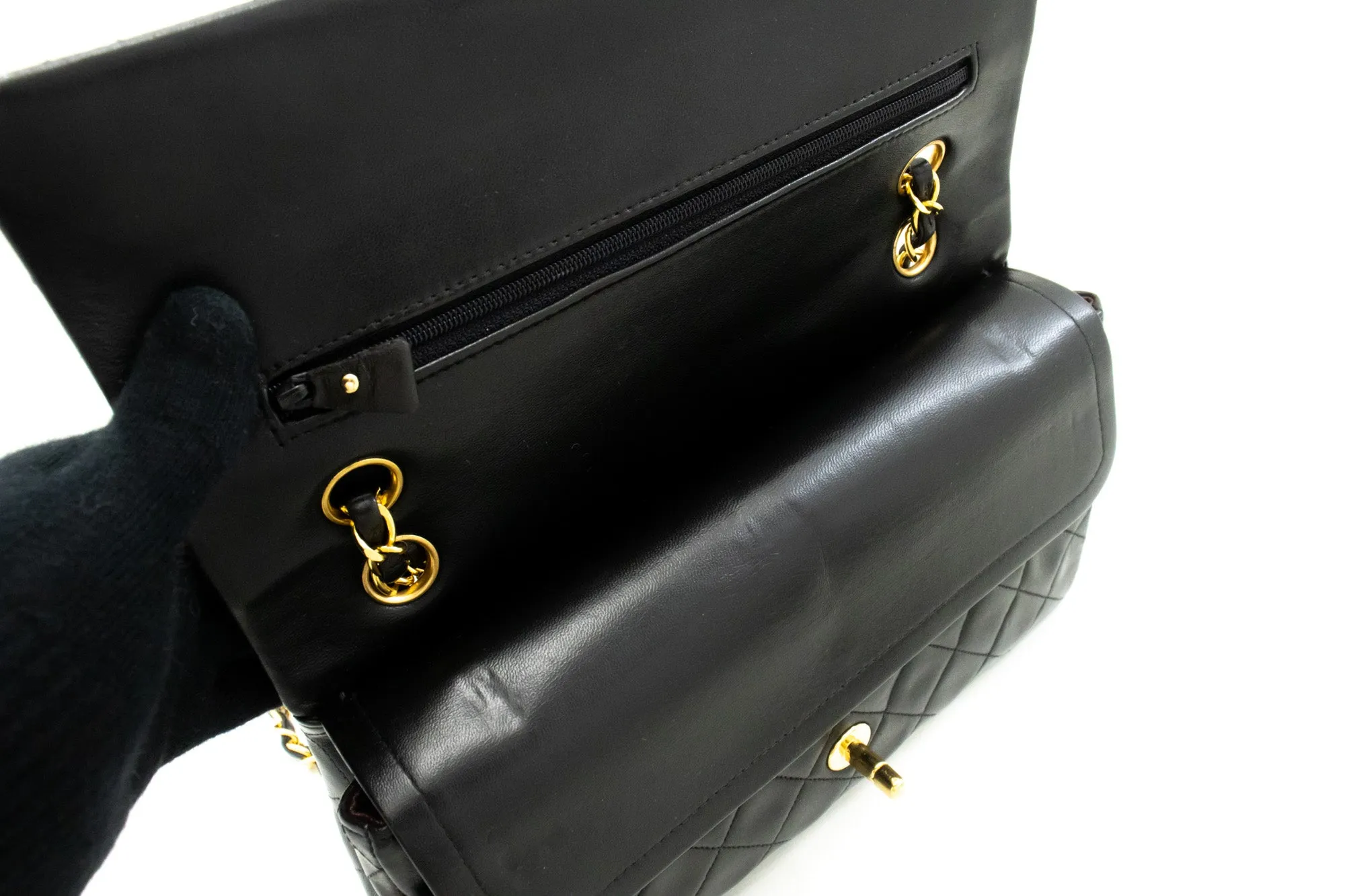CHANEL Classic Double Flap 10" Chain Shoulder Bag Black Lambskin m75