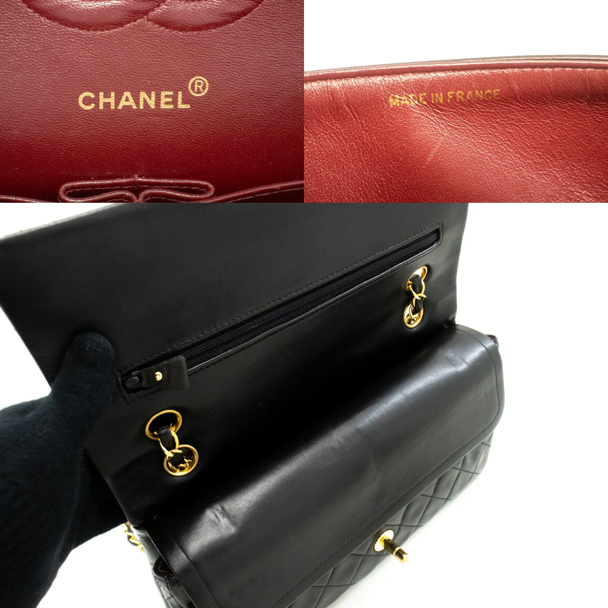 CHANEL Classic Double Flap 10" Chain Shoulder Bag Black Lambskin m75
