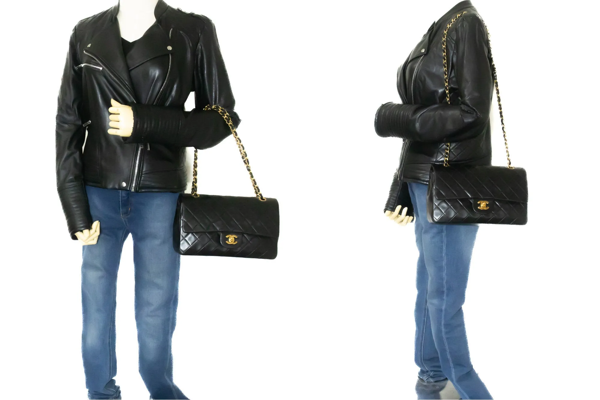 CHANEL Classic Double Flap 10" Chain Shoulder Bag Black Lambskin m75