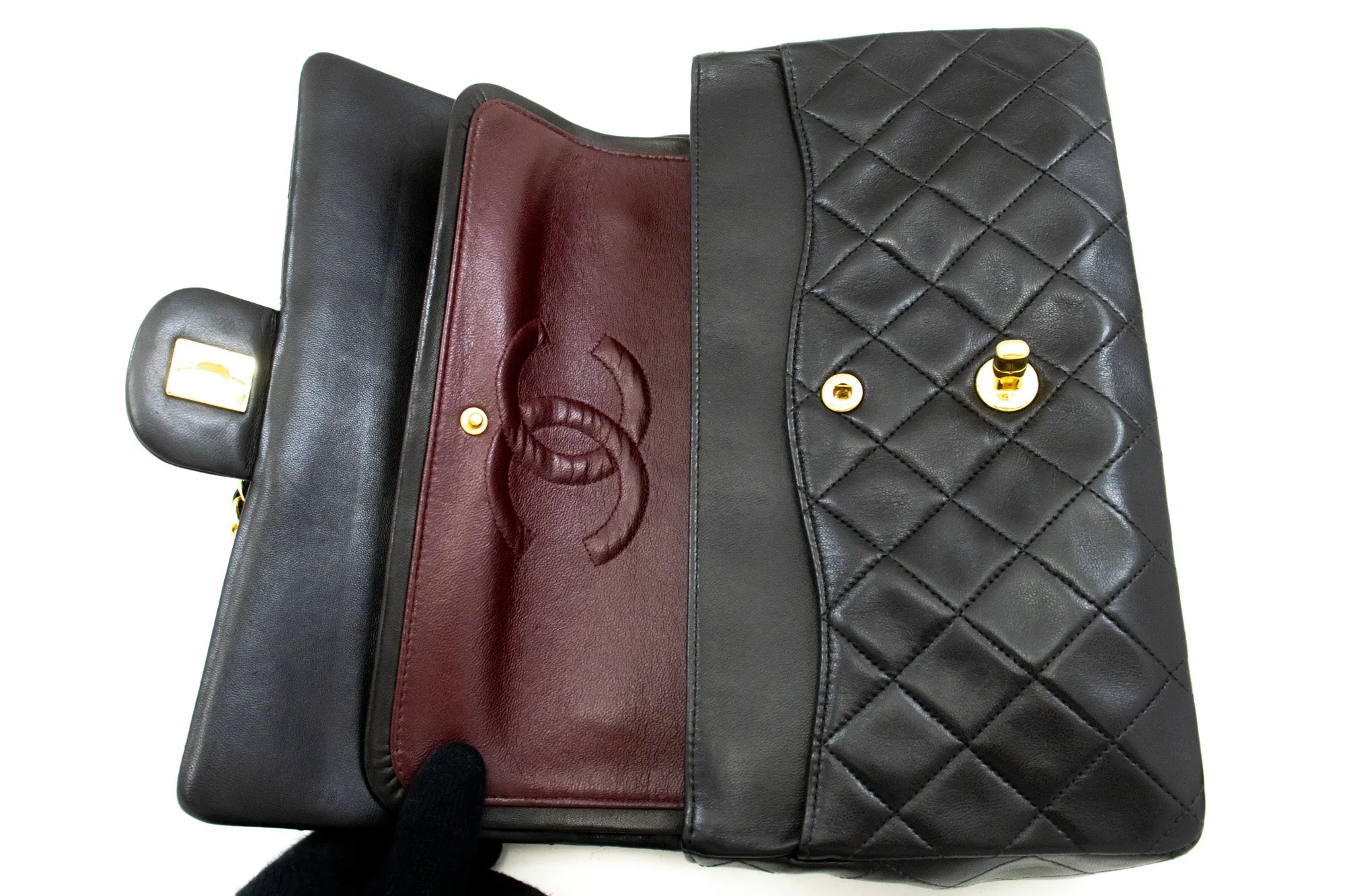 CHANEL Classic Double Flap 10" Chain Shoulder Bag Black Lambskin m75