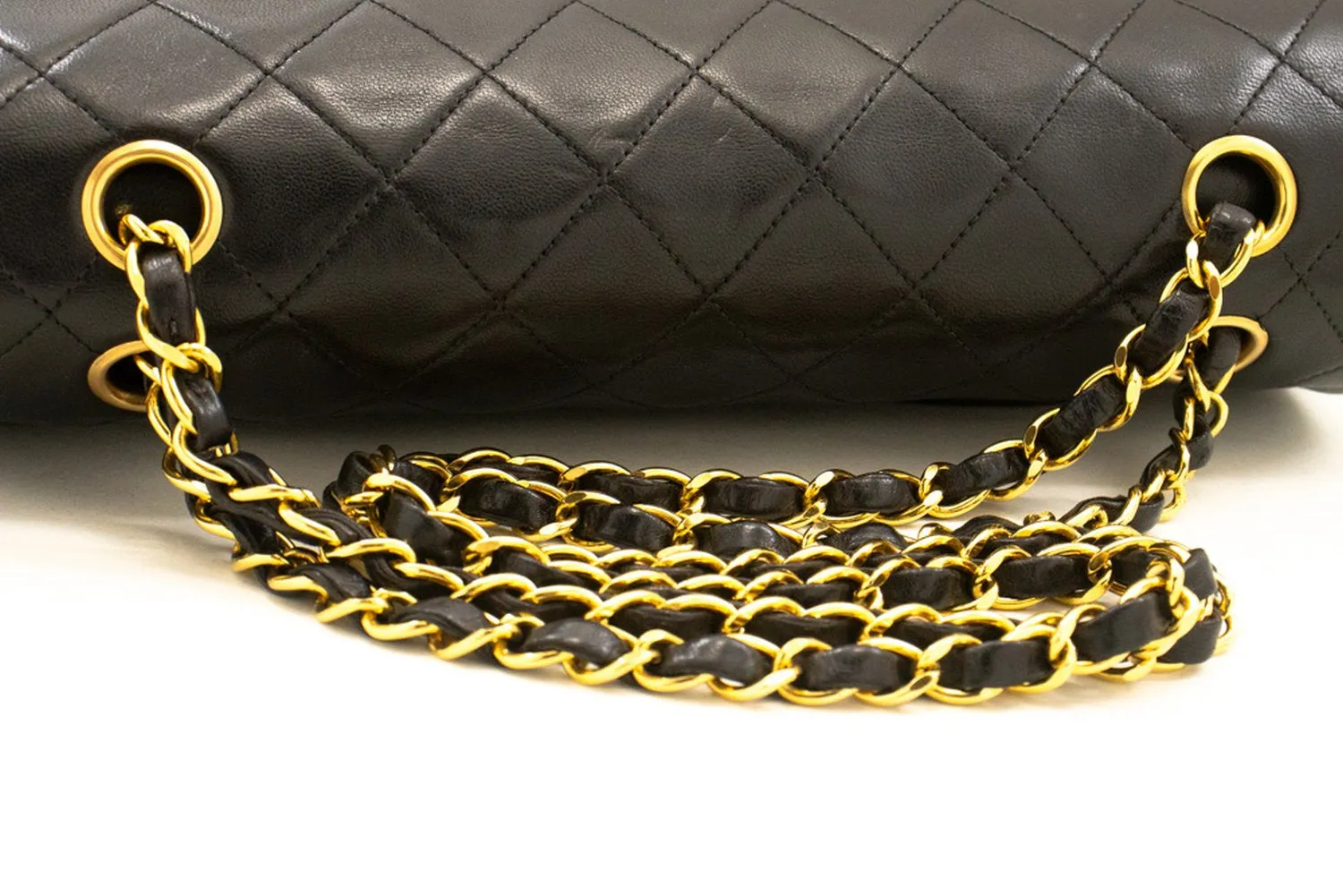 CHANEL Classic Double Flap 10" Chain Shoulder Bag Black Lambskin m75