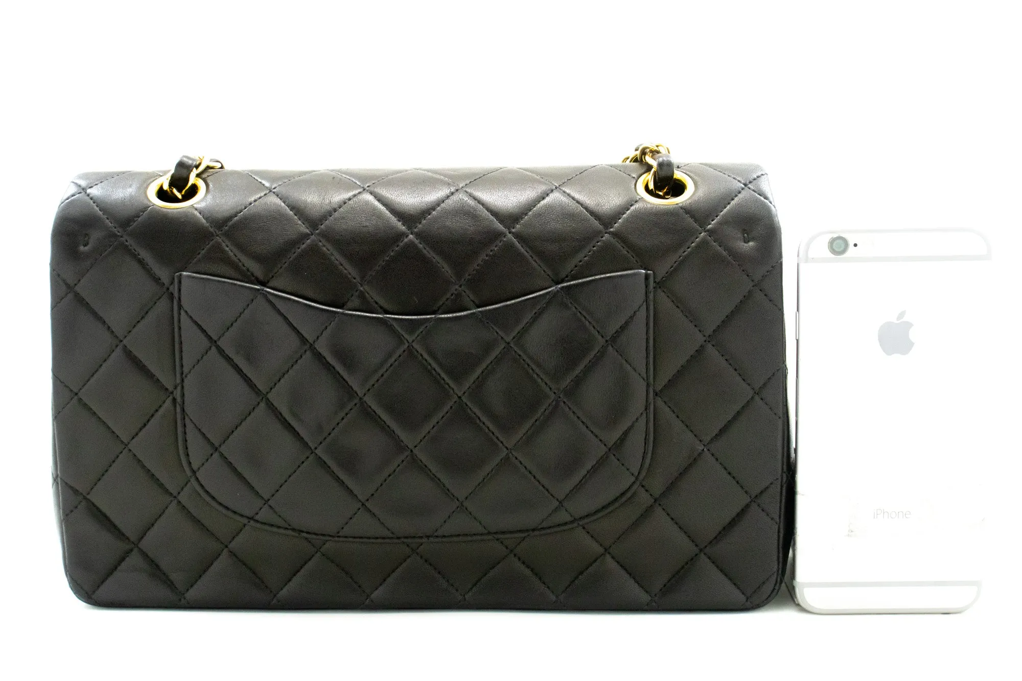 CHANEL Classic Double Flap 10" Chain Shoulder Bag Black Lambskin m77