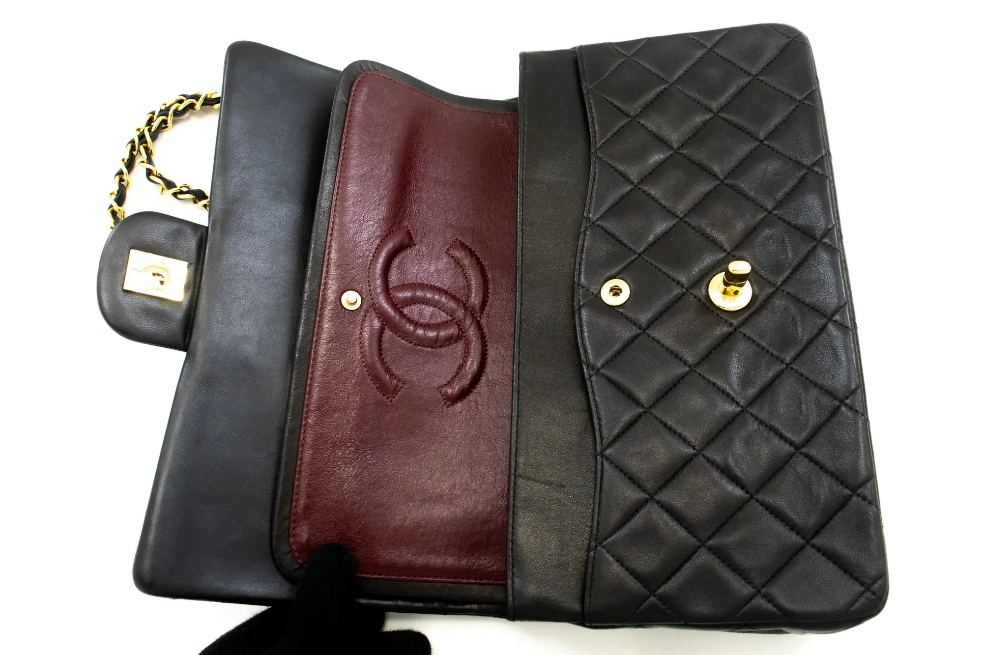 CHANEL Classic Double Flap 10" Chain Shoulder Bag Black Lambskin m77