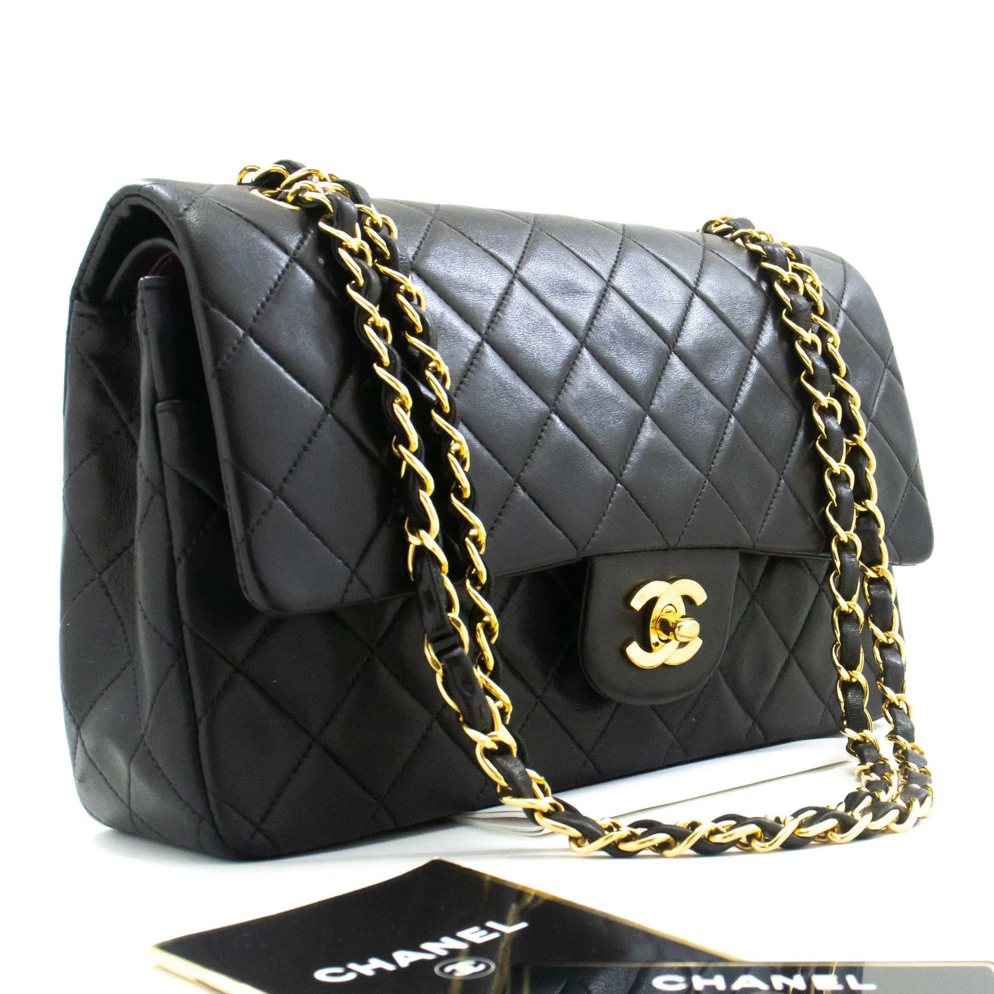 CHANEL Classic Double Flap 10" Chain Shoulder Bag Black Lambskin m77