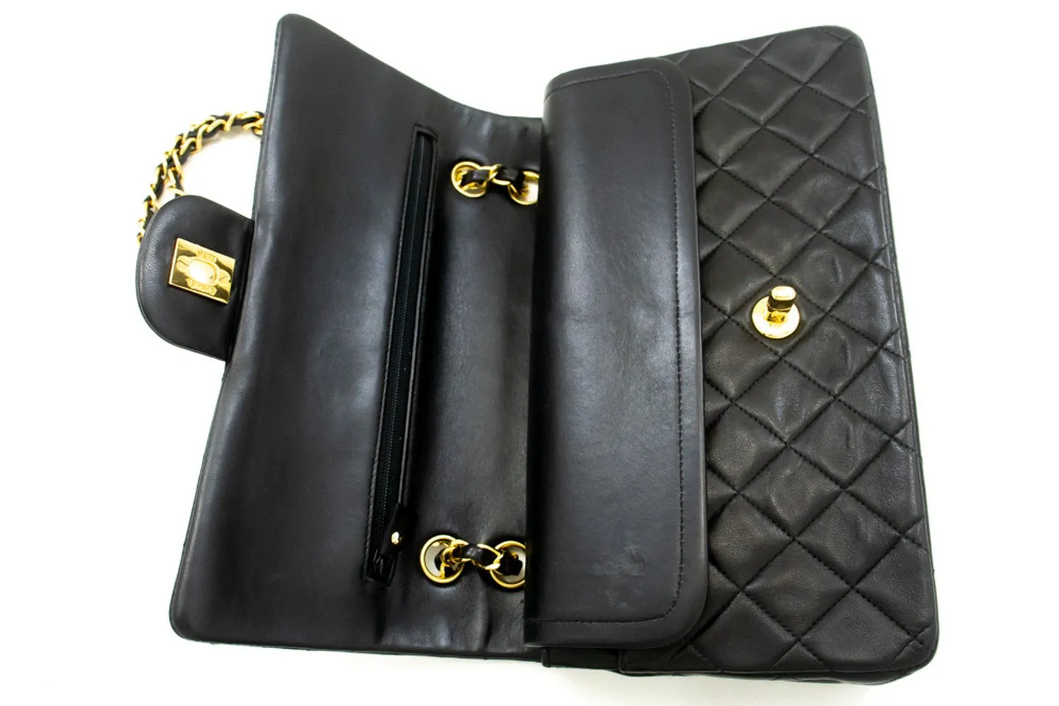 CHANEL Classic Double Flap 10" Chain Shoulder Bag Black Lambskin m77