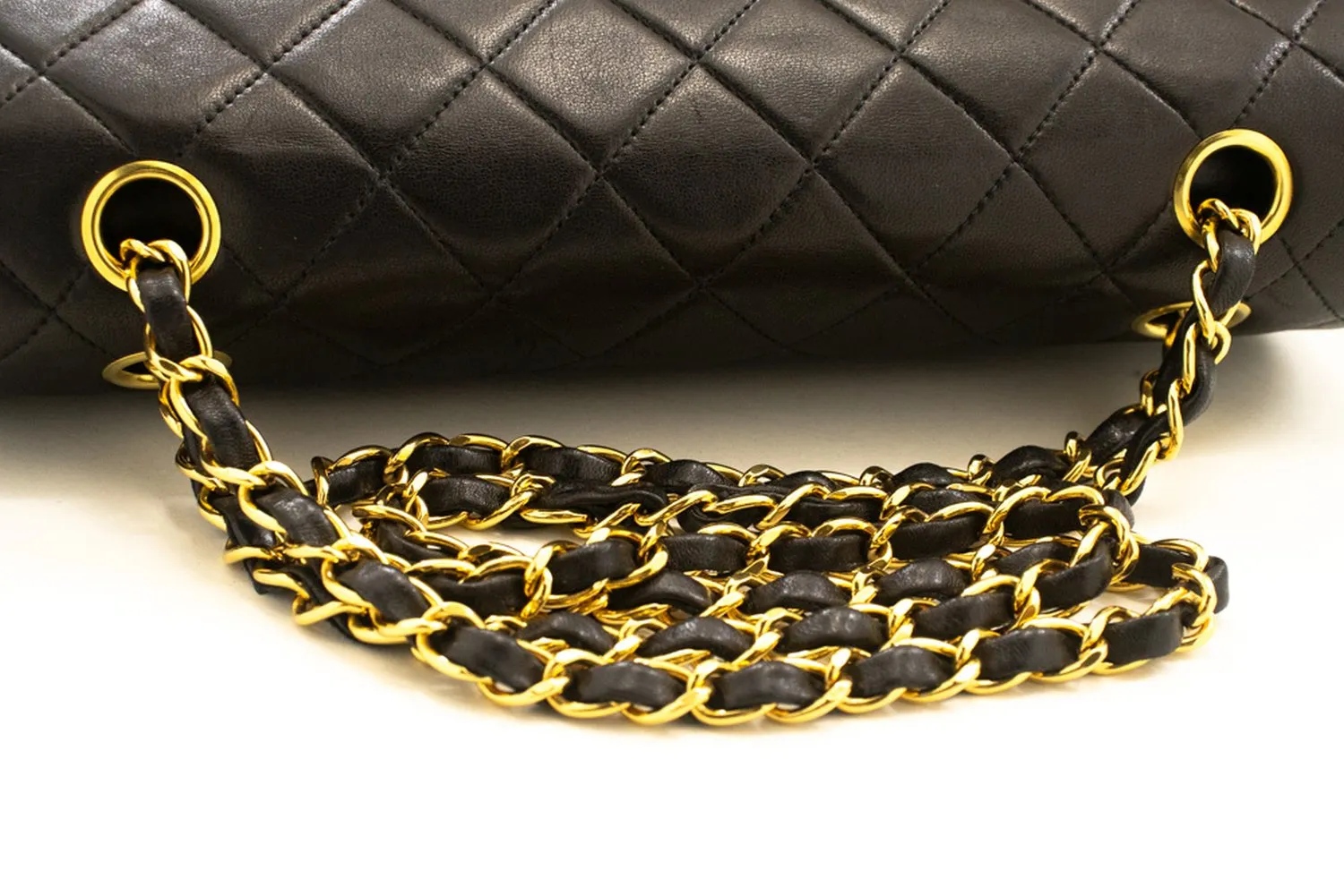 CHANEL Classic Double Flap 10" Chain Shoulder Bag Black Lambskin m77