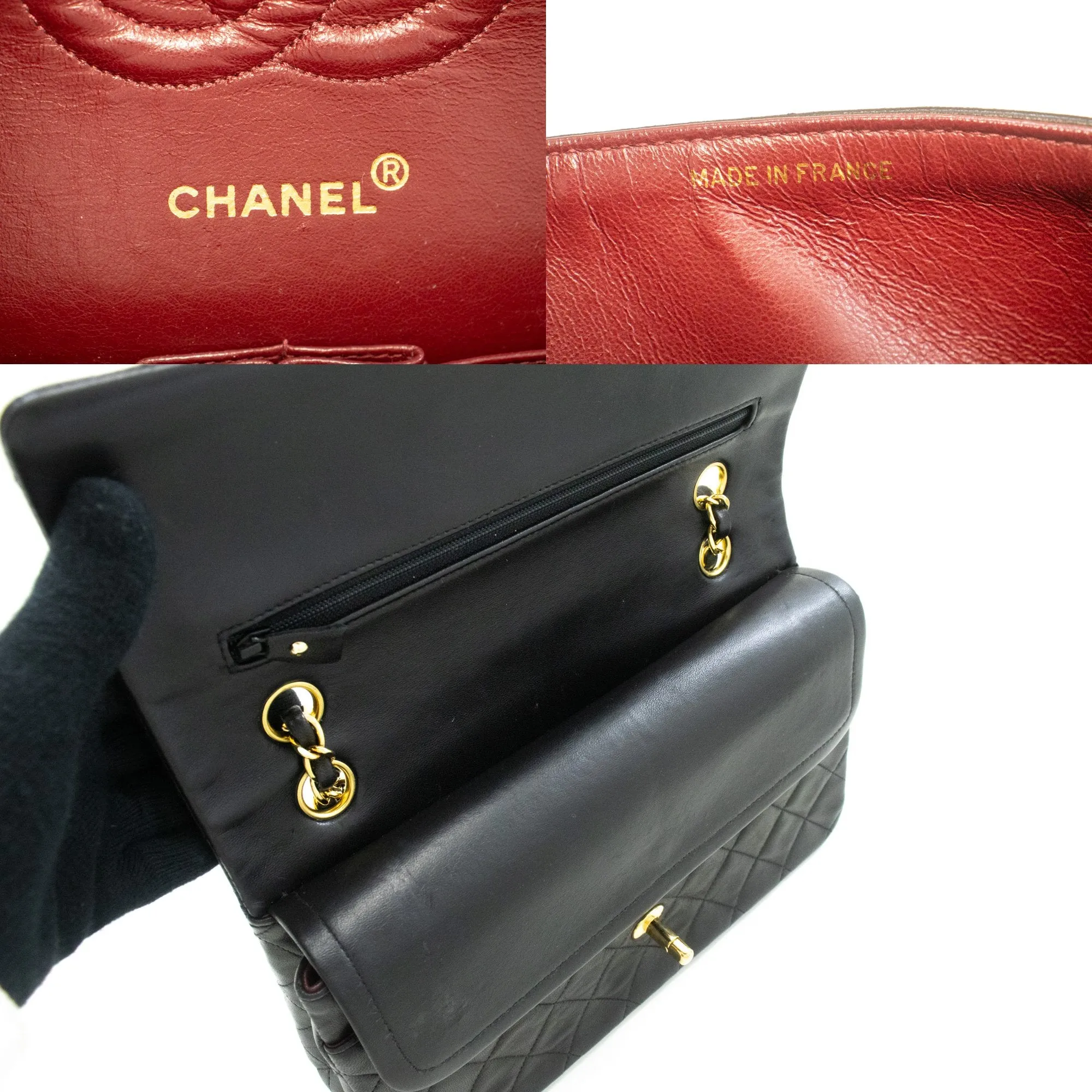 CHANEL Classic Double Flap 10" Chain Shoulder Bag Black Lambskin m77