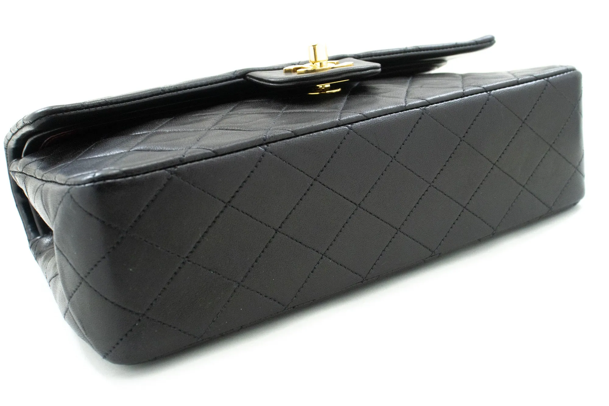 CHANEL Classic Double Flap 10" Chain Shoulder Bag Black Lambskin m77