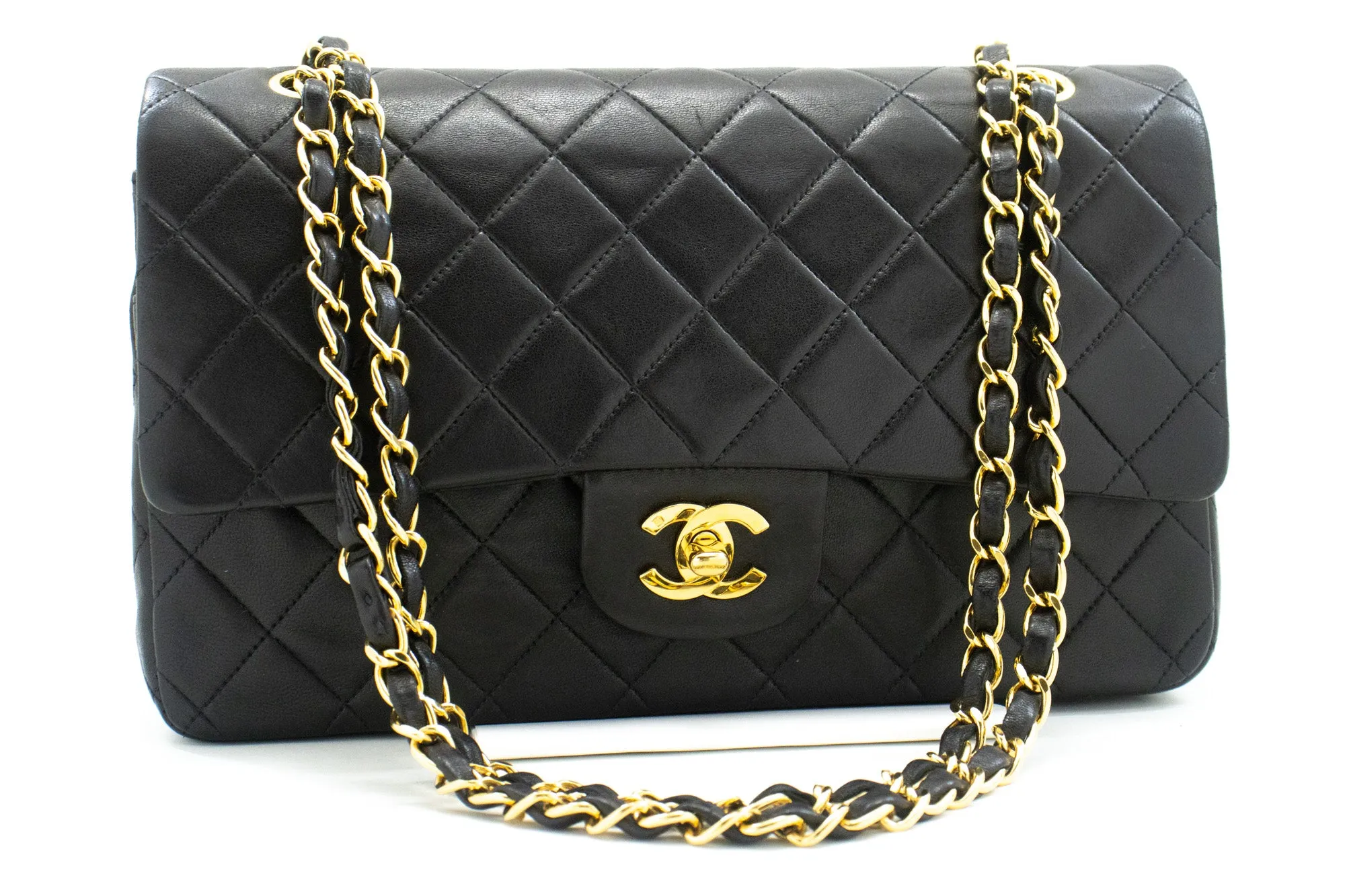 CHANEL Classic Double Flap 10" Chain Shoulder Bag Black Lambskin m77