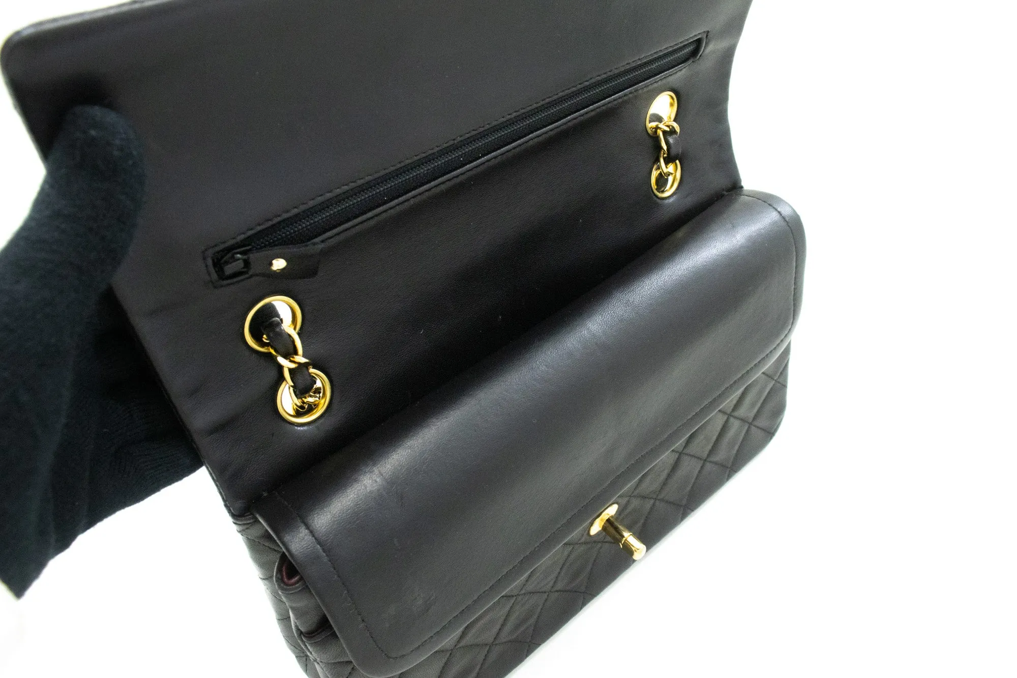 CHANEL Classic Double Flap 10" Chain Shoulder Bag Black Lambskin m77