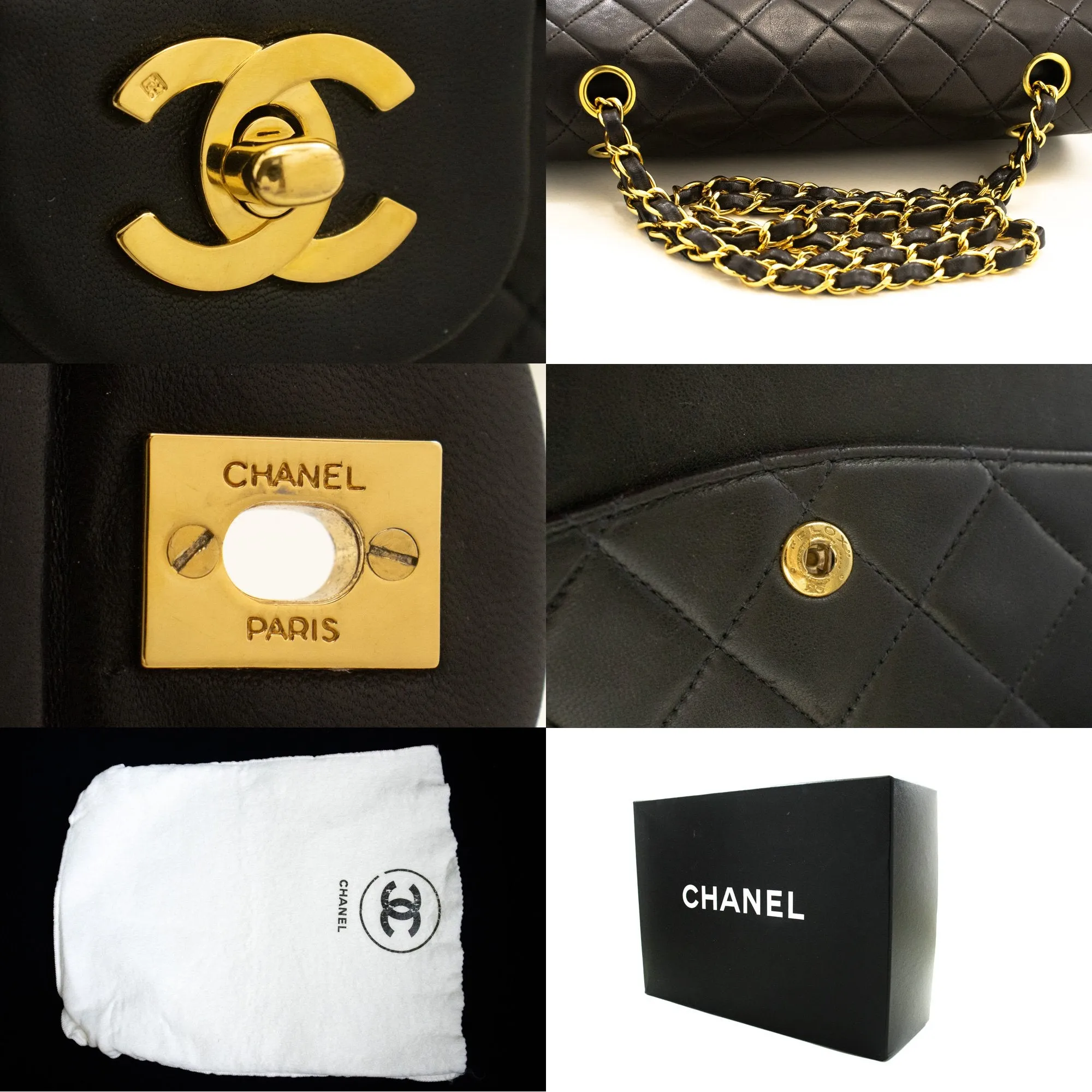 CHANEL Classic Double Flap 10" Chain Shoulder Bag Black Lambskin m77
