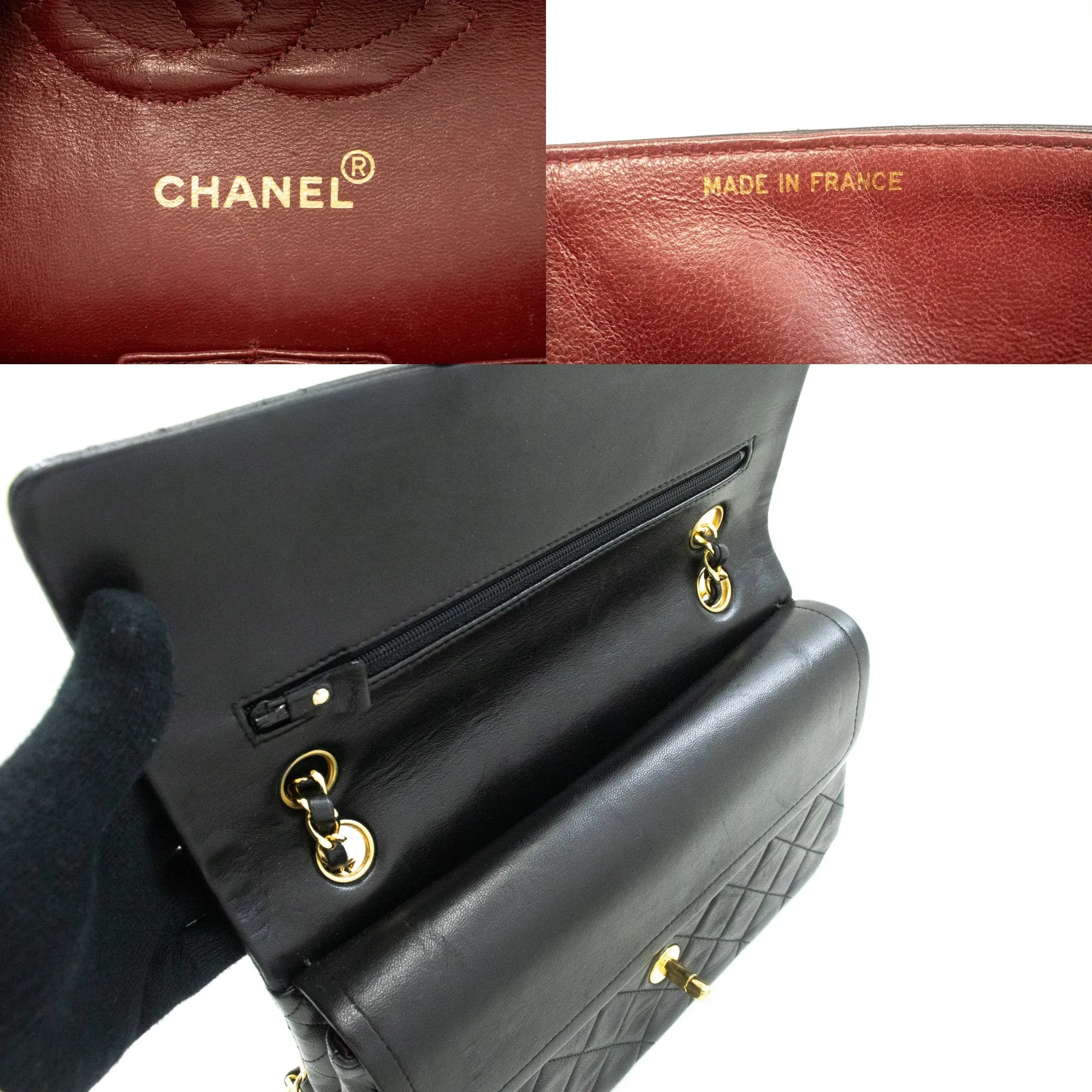 CHANEL Classic Double Flap 10" Chain Shoulder Bag Black Lambskin m90