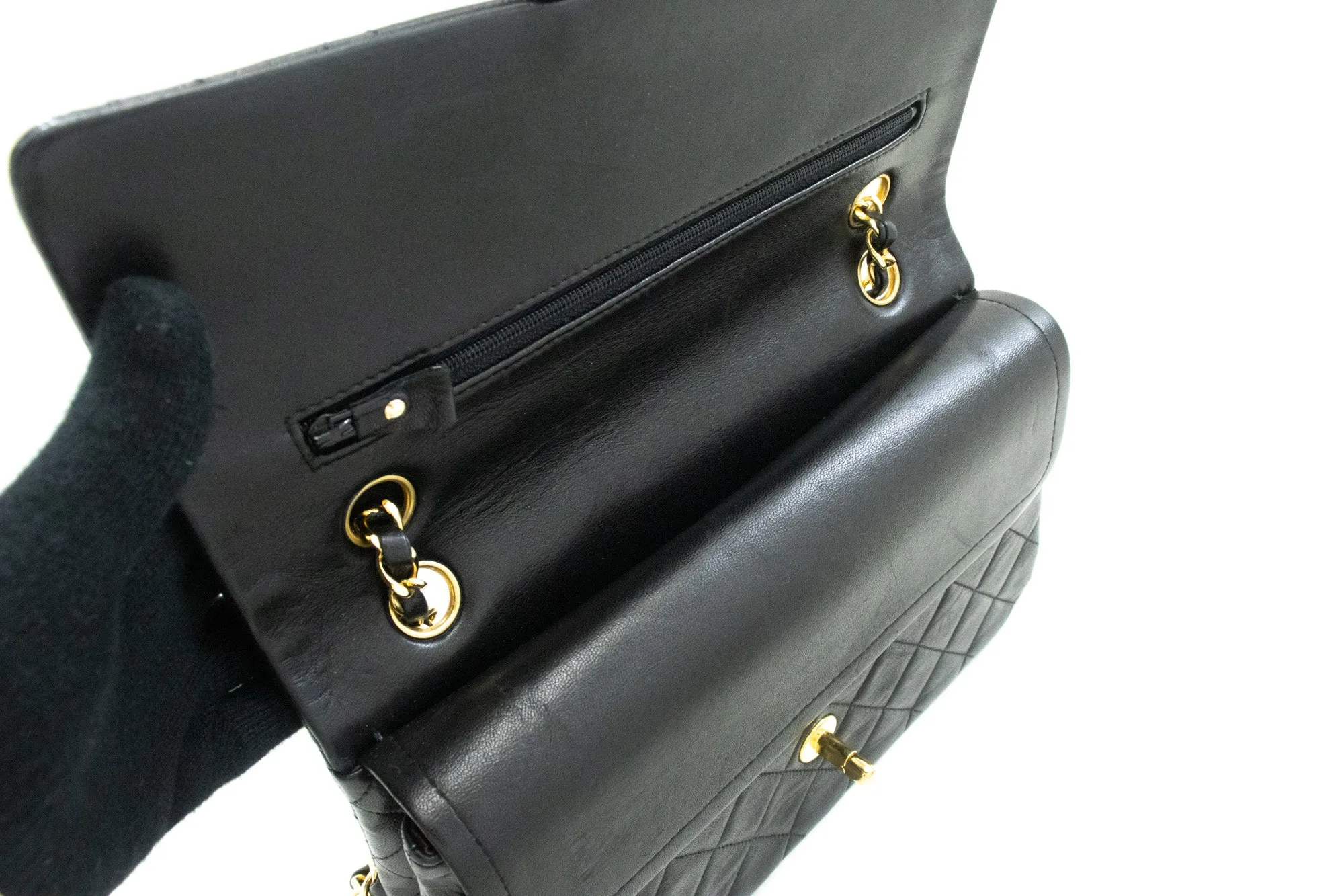 CHANEL Classic Double Flap 10" Chain Shoulder Bag Black Lambskin m90