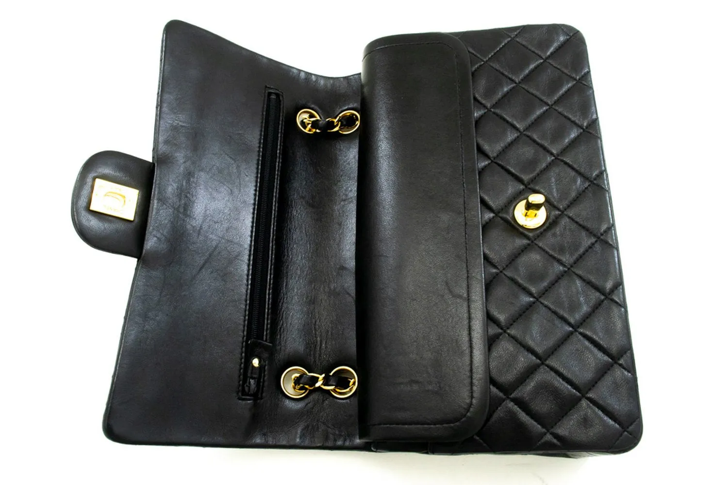 CHANEL Classic Double Flap 10" Chain Shoulder Bag Black Lambskin m90