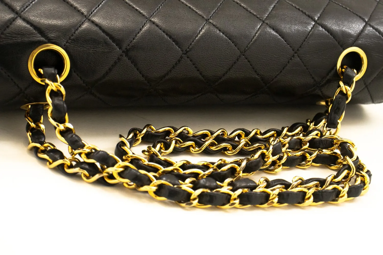 CHANEL Classic Double Flap 10" Chain Shoulder Bag Black Lambskin m90