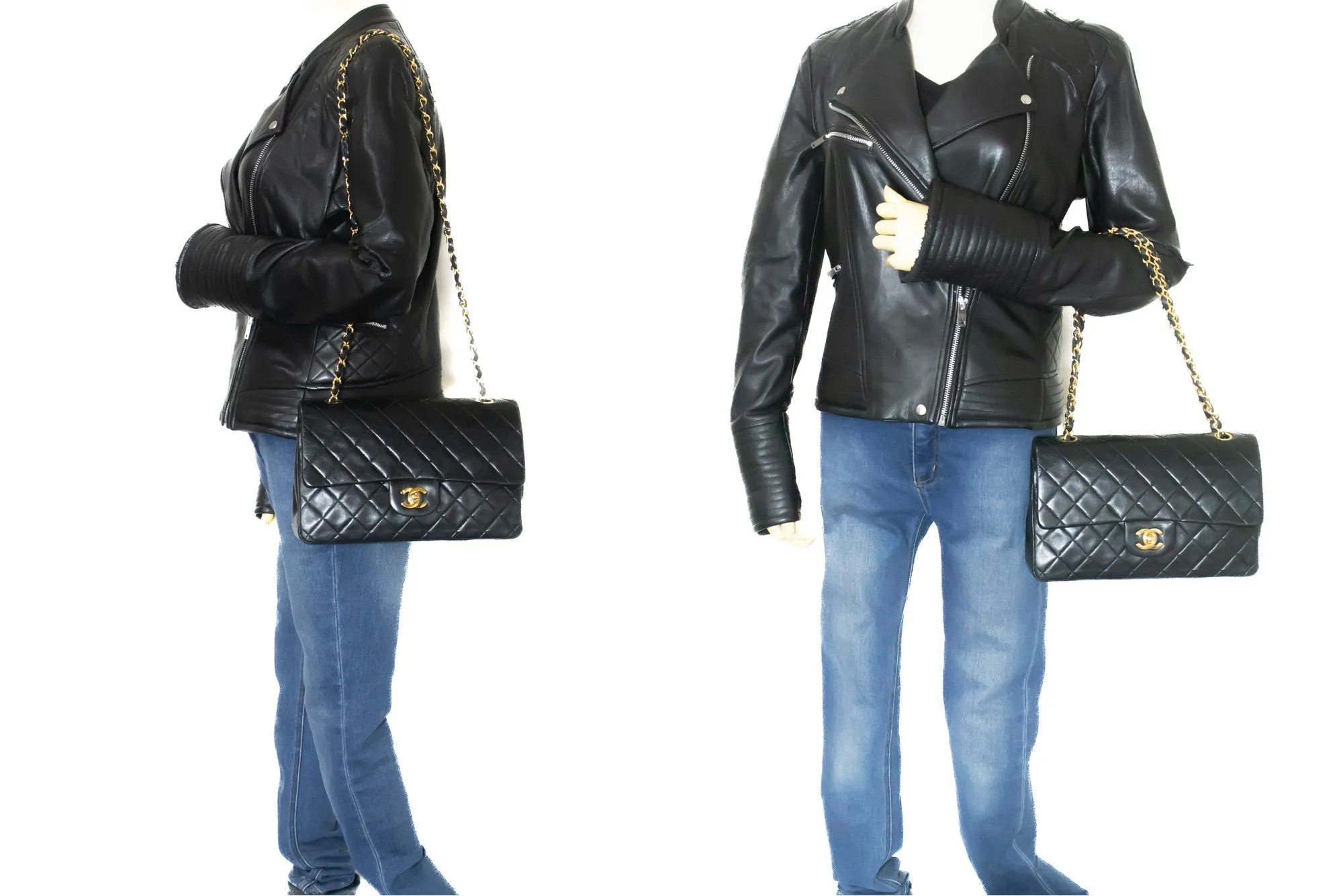 CHANEL Classic Double Flap 10" Chain Shoulder Bag Black Lambskin m90