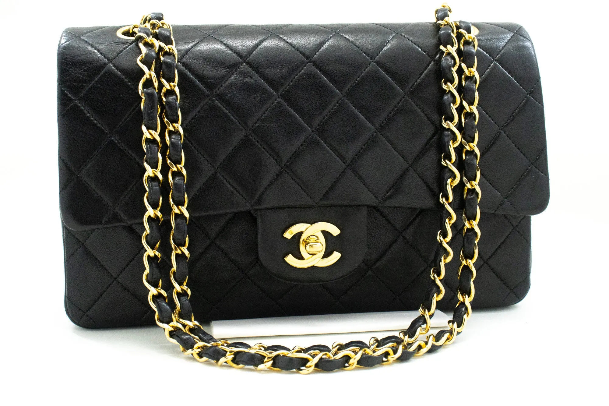 CHANEL Classic Double Flap 10" Chain Shoulder Bag Black Lambskin m90