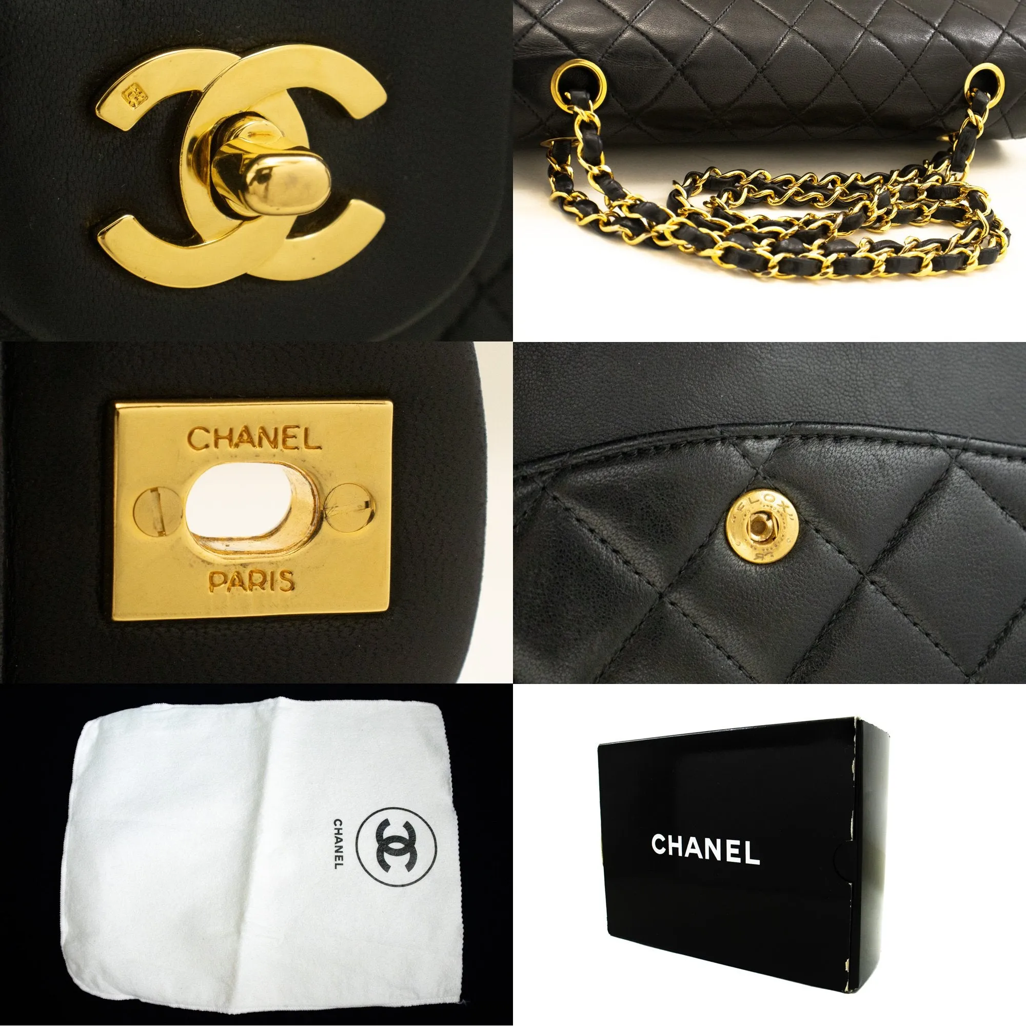 CHANEL Classic Double Flap 10" Chain Shoulder Bag Black Lambskin m90
