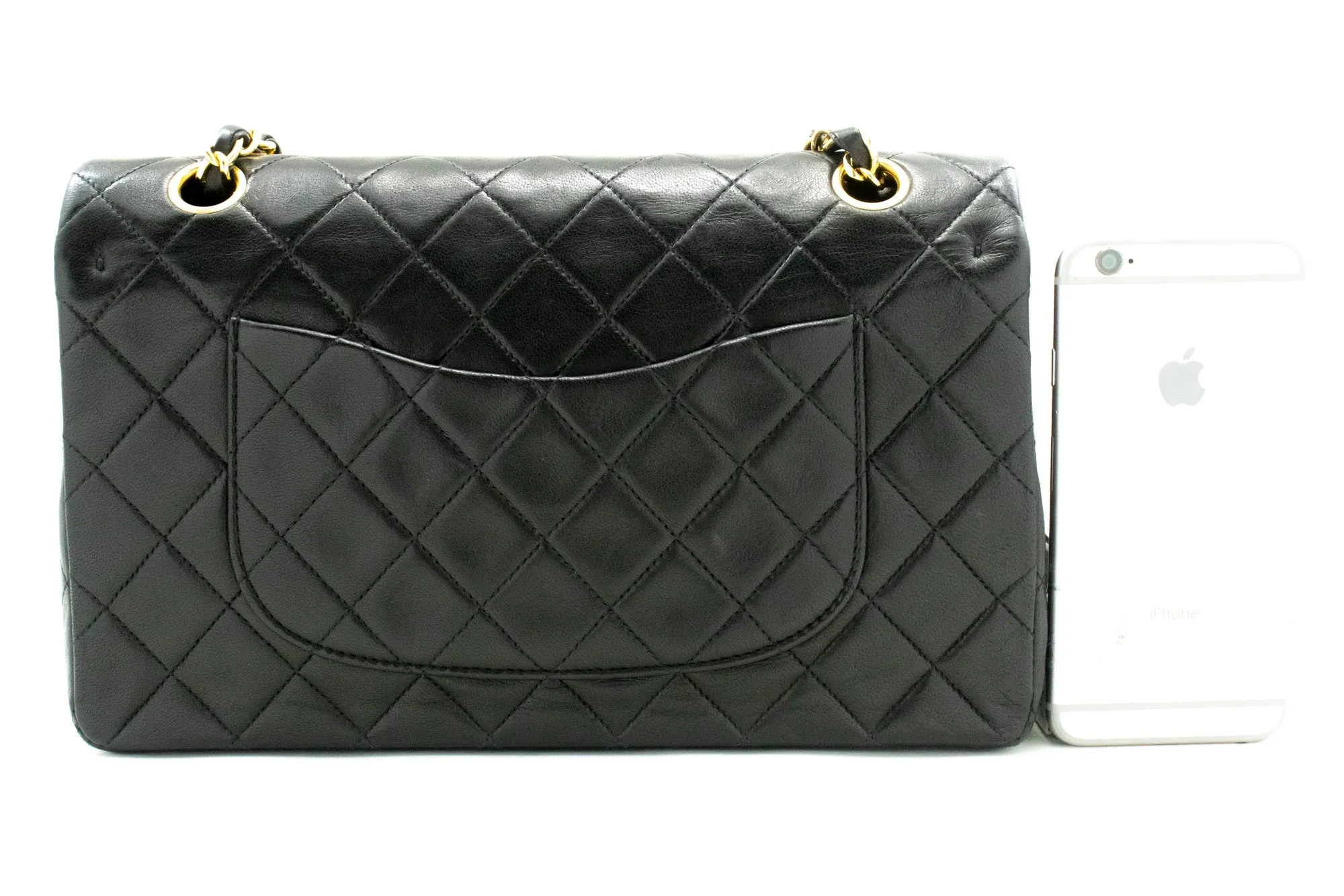 CHANEL Classic Double Flap 10" Chain Shoulder Bag Black Lambskin m90