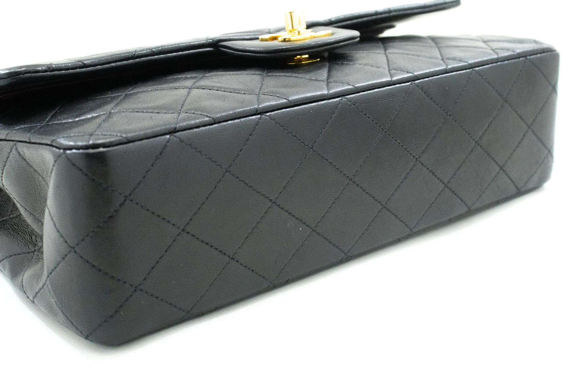 CHANEL Classic Double Flap 10" Chain Shoulder Bag Black Lambskin m90