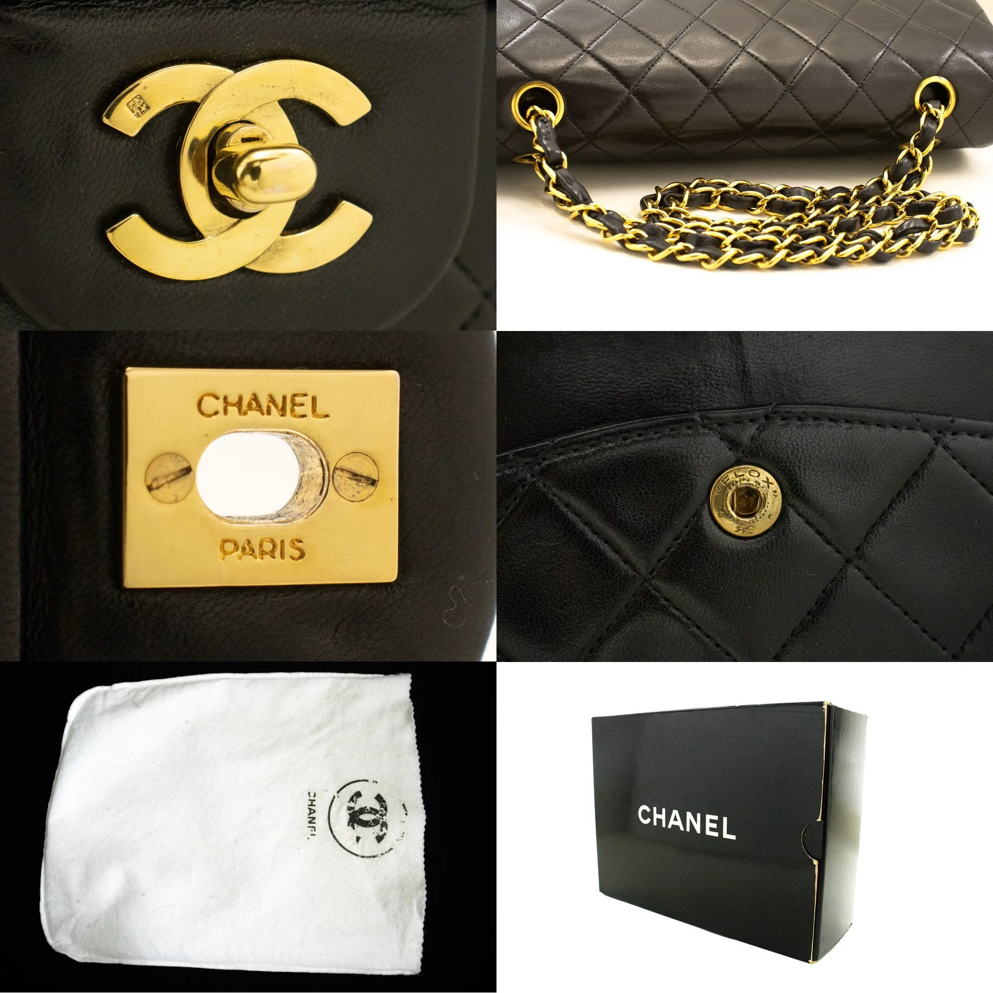 CHANEL Classic Double Flap 10" Chain Shoulder Bag Black Lambskin m94