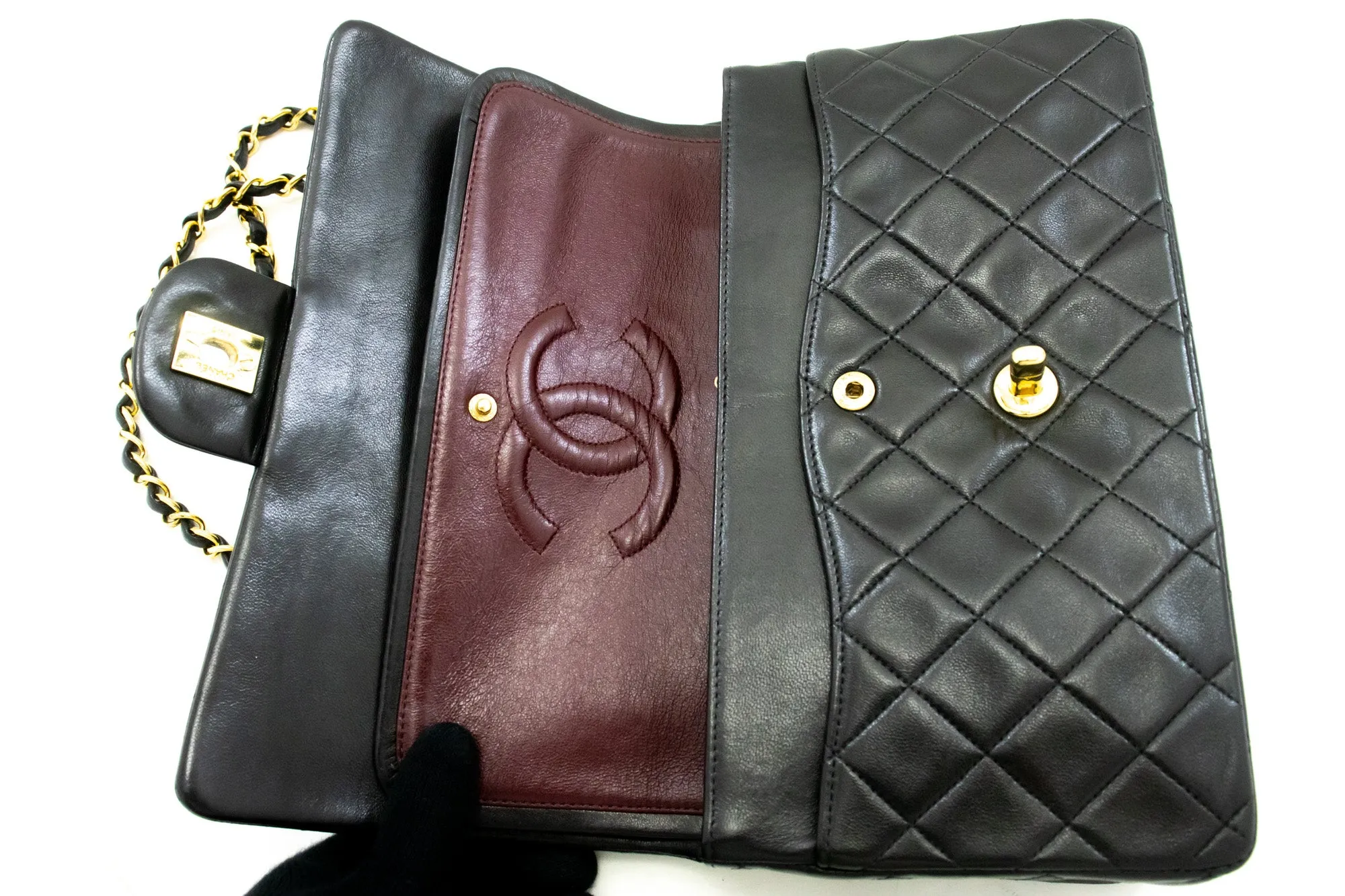 CHANEL Classic Double Flap 10" Chain Shoulder Bag Black Lambskin m94
