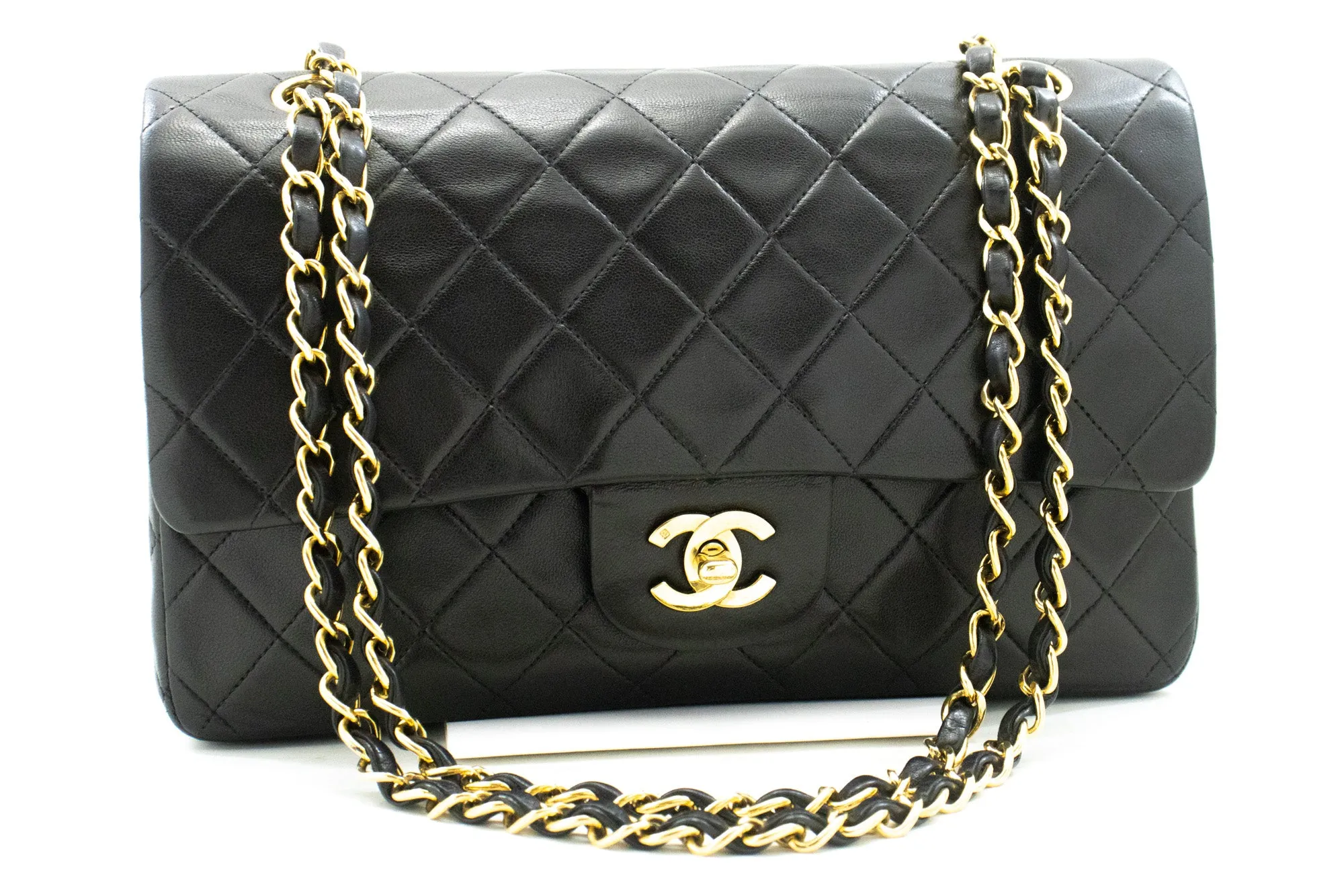 CHANEL Classic Double Flap 10" Chain Shoulder Bag Black Lambskin m94