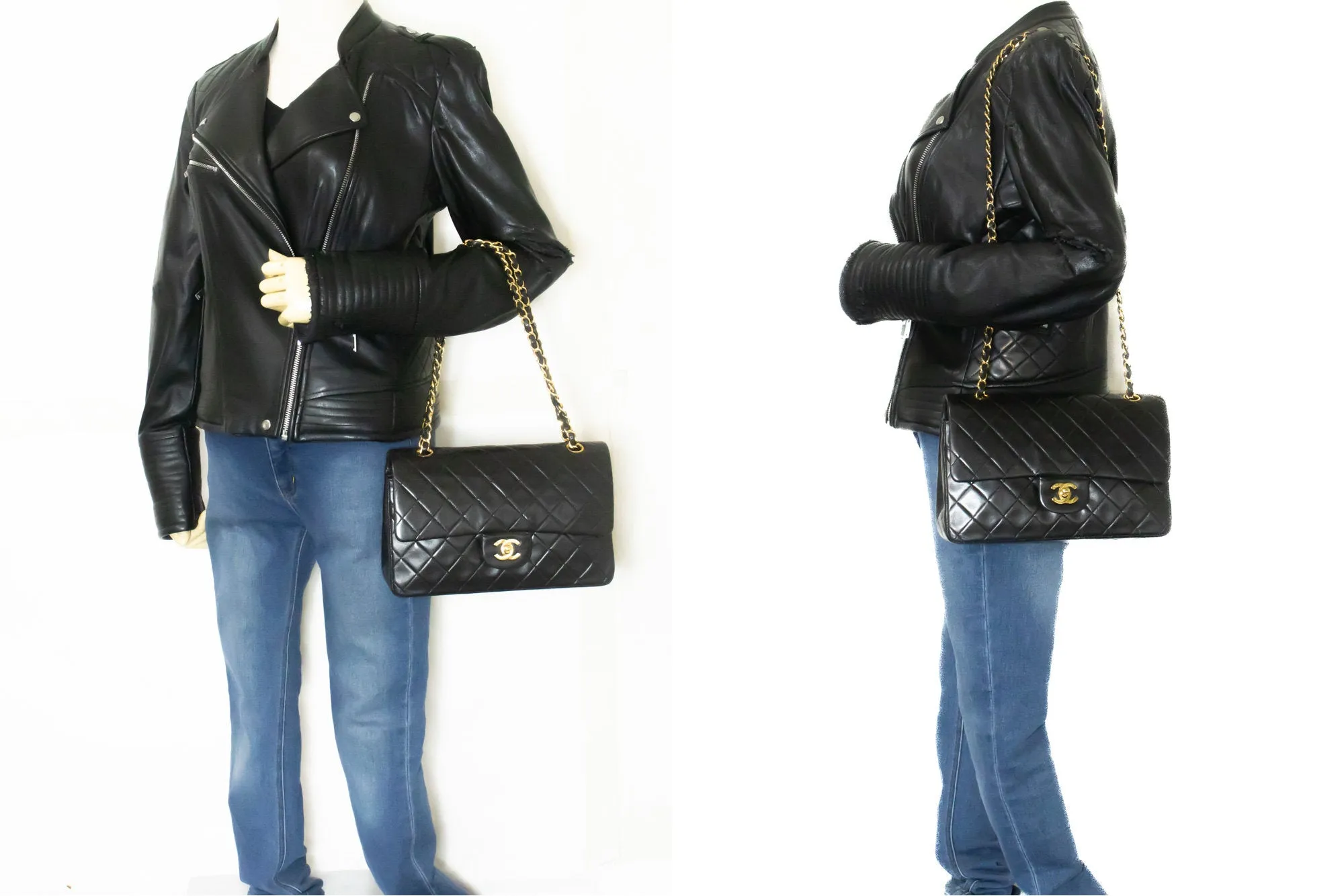 CHANEL Classic Double Flap 10" Chain Shoulder Bag Black Lambskin m94