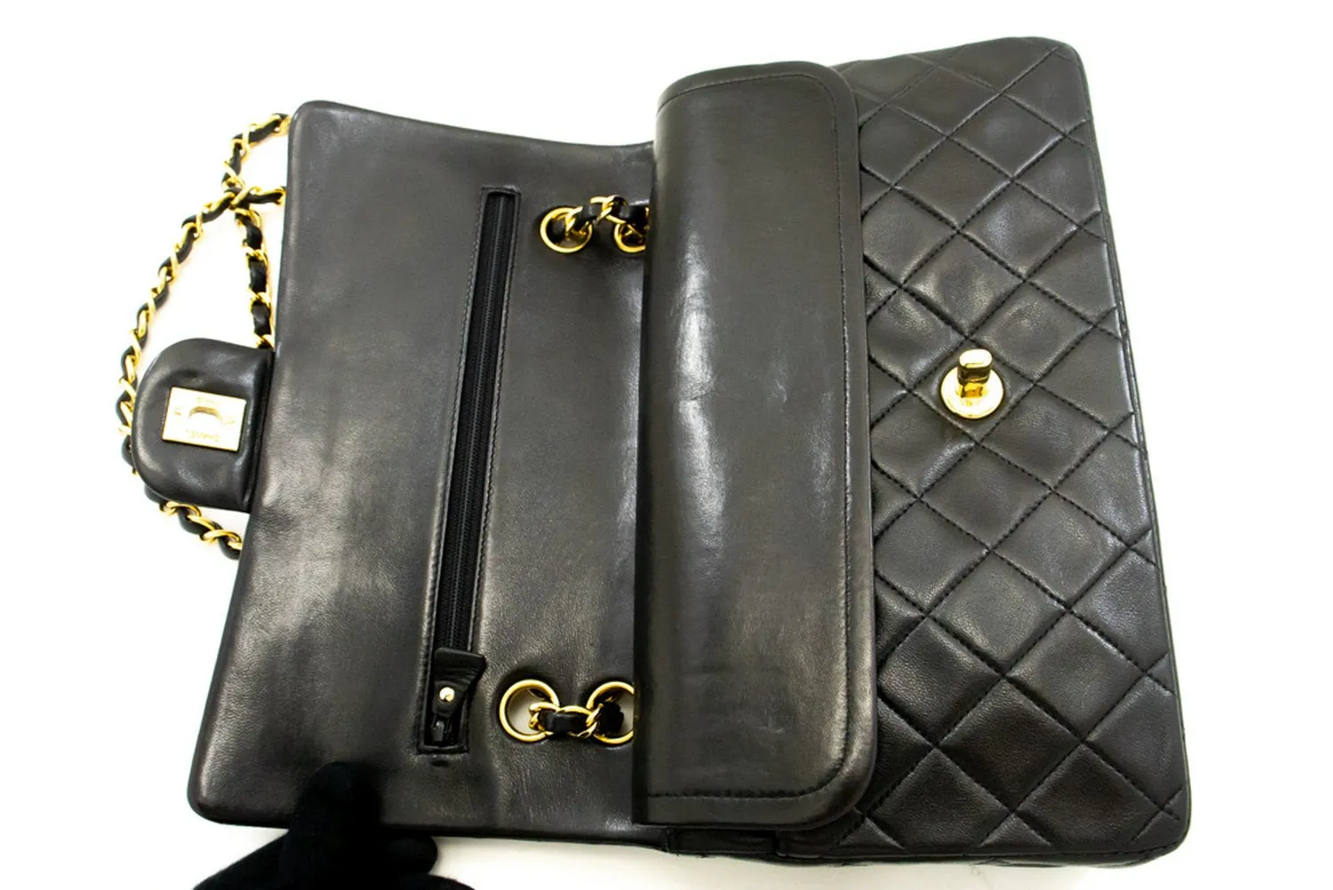 CHANEL Classic Double Flap 10" Chain Shoulder Bag Black Lambskin m94