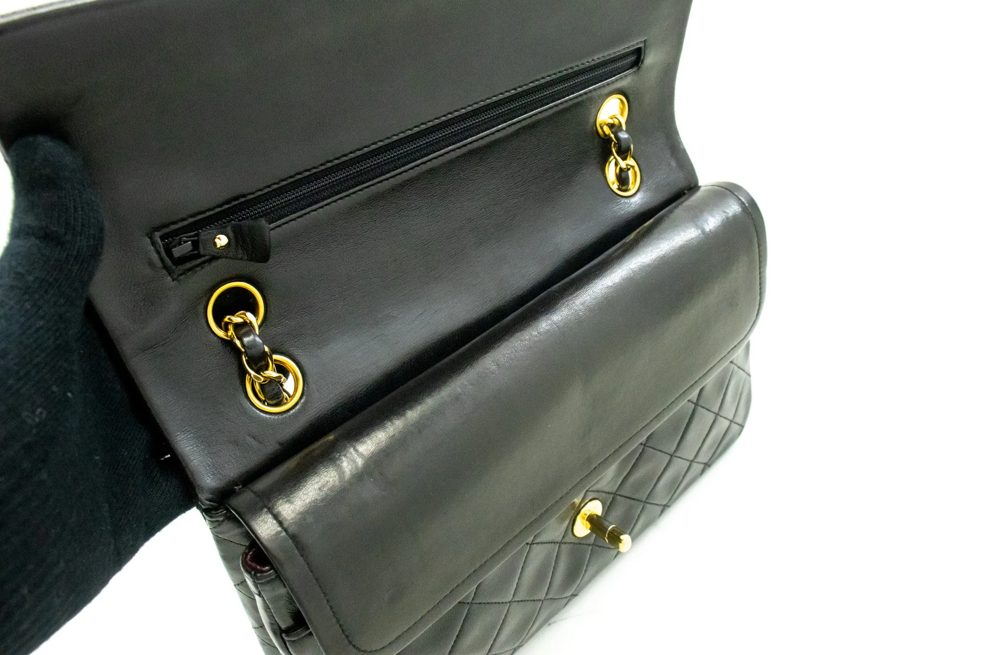 CHANEL Classic Double Flap 10" Chain Shoulder Bag Black Lambskin m94