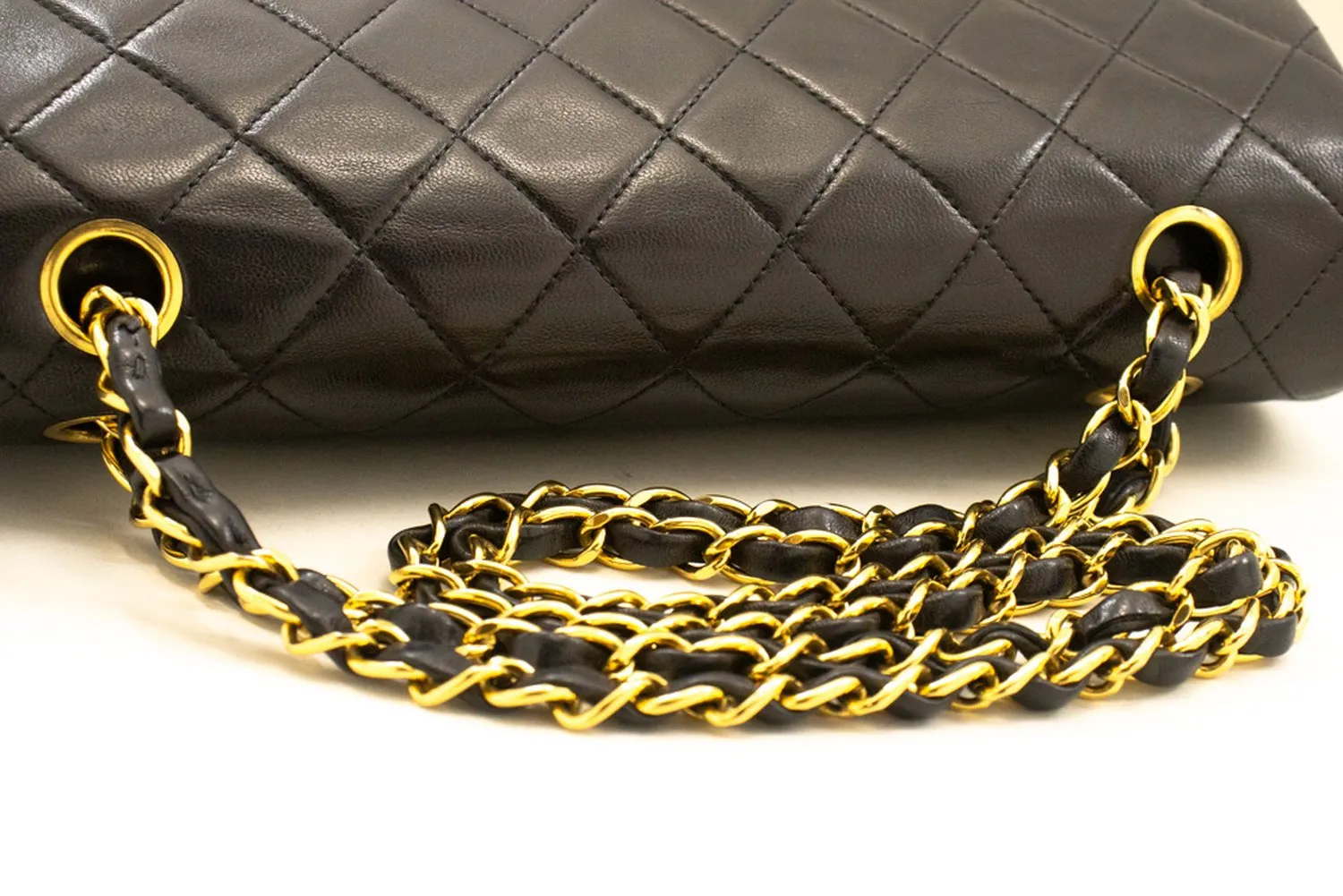 CHANEL Classic Double Flap 10" Chain Shoulder Bag Black Lambskin m94