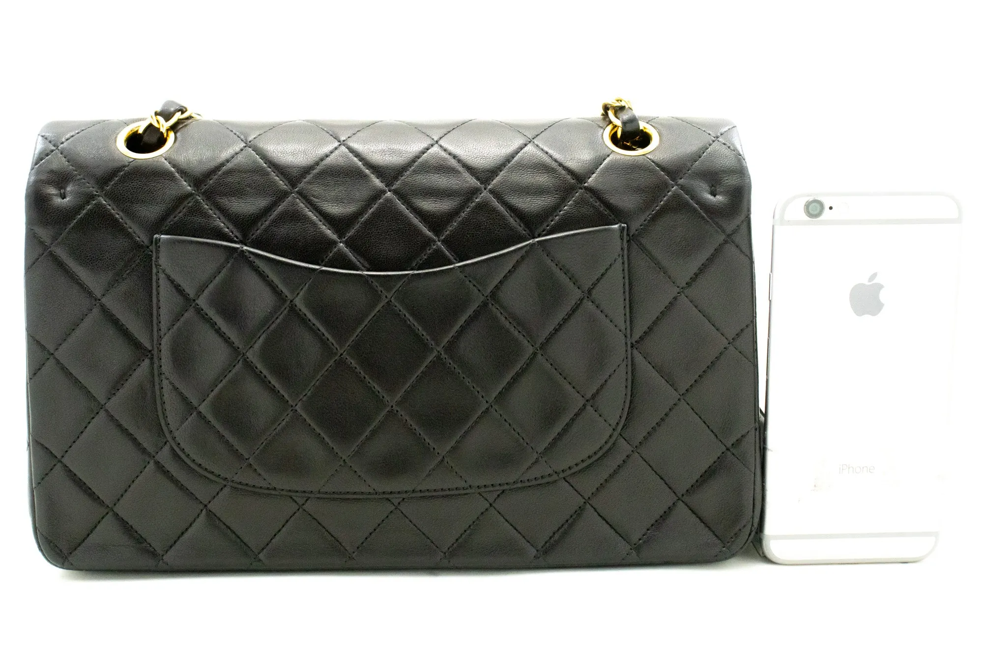 CHANEL Classic Double Flap 10" Chain Shoulder Bag Black Lambskin m94