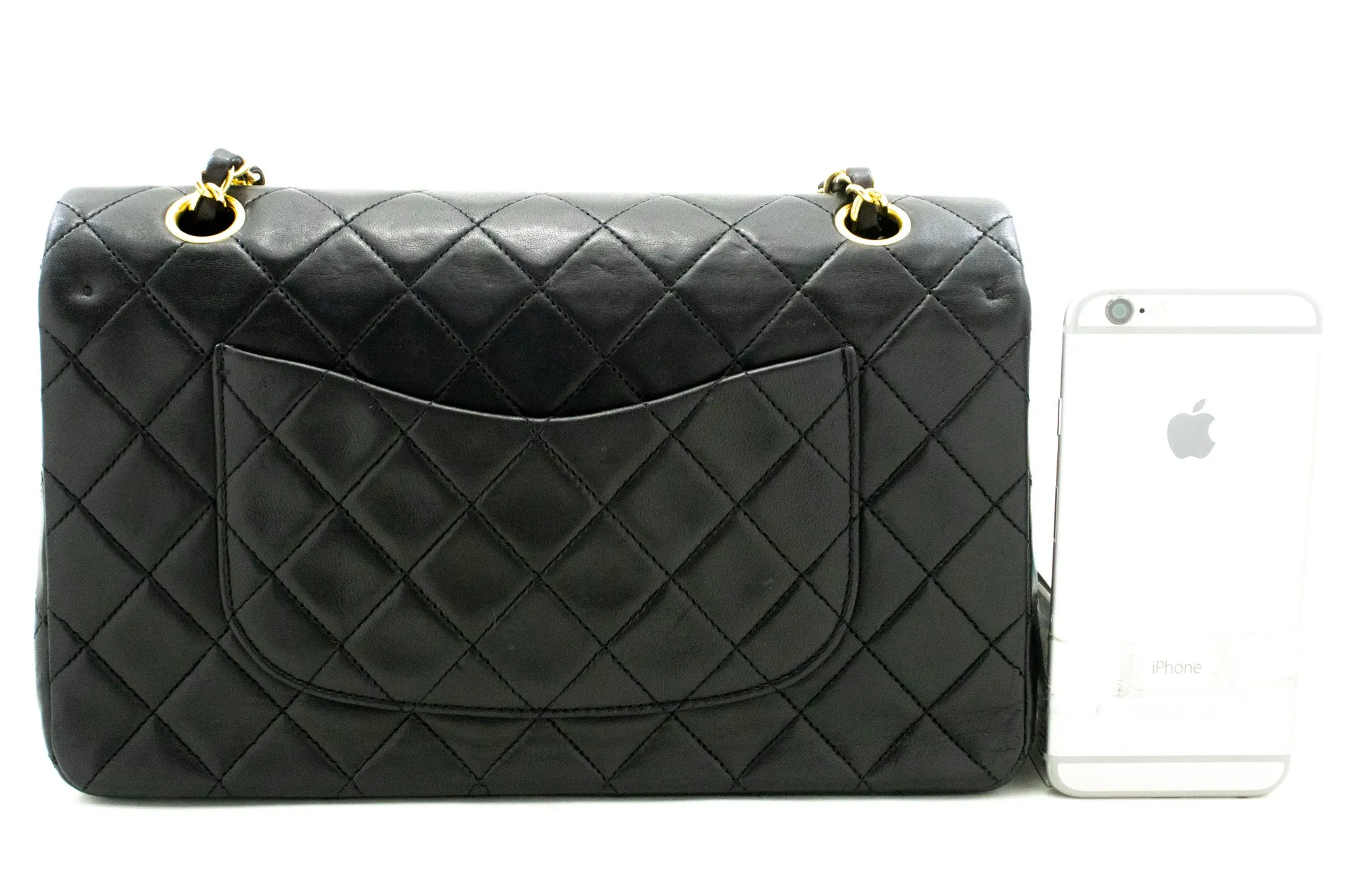CHANEL Classic Double Flap 10" Chain Shoulder Bag Black Lambskin m95
