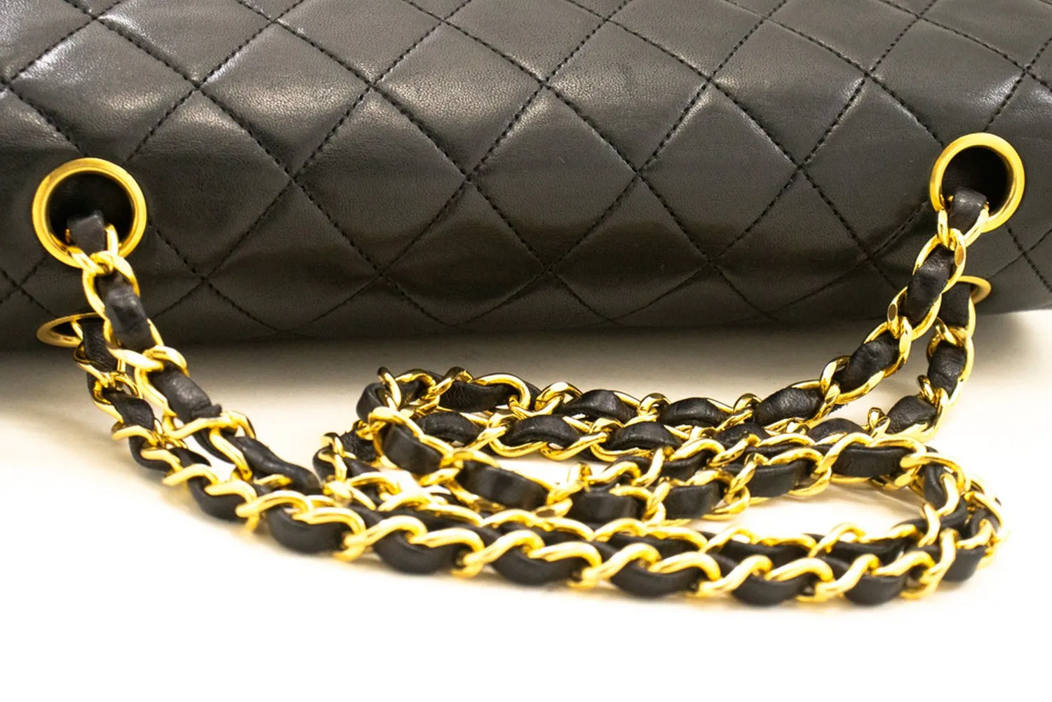 CHANEL Classic Double Flap 10" Chain Shoulder Bag Black Lambskin m95