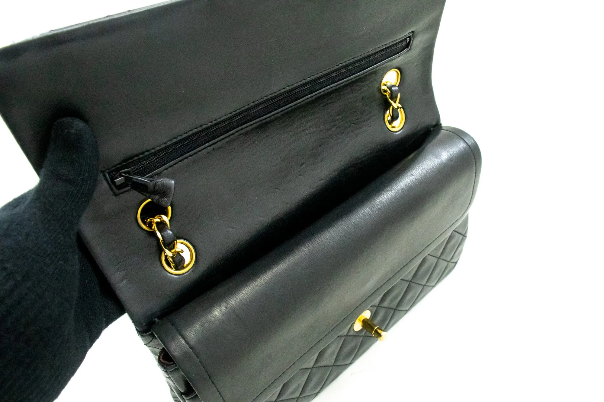 CHANEL Classic Double Flap 10" Chain Shoulder Bag Black Lambskin m95