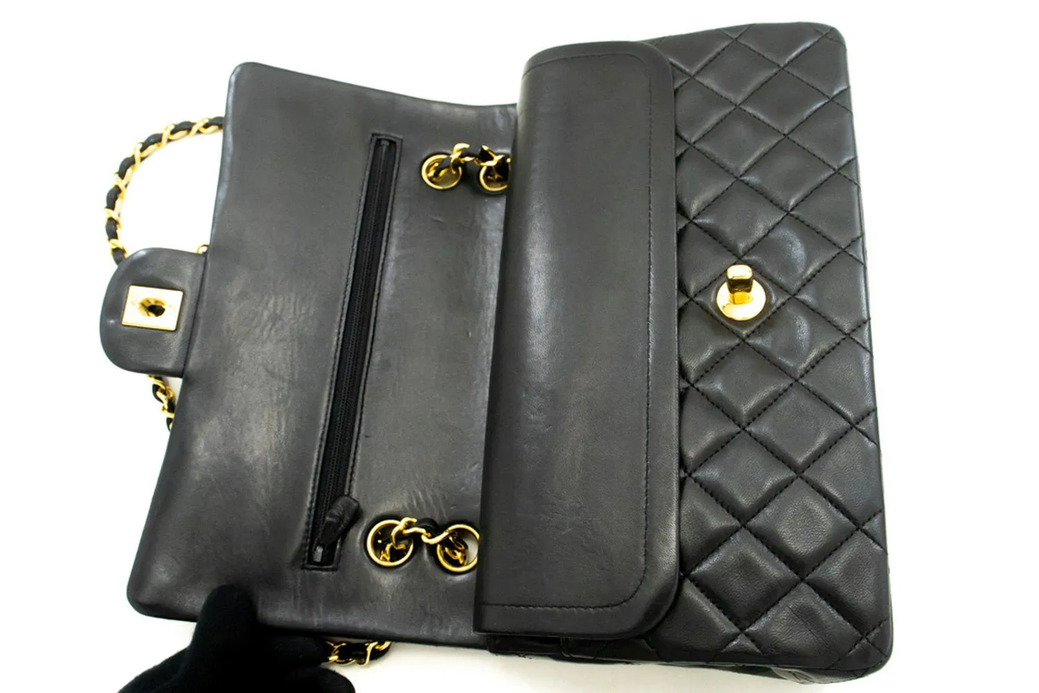 CHANEL Classic Double Flap 10" Chain Shoulder Bag Black Lambskin m95