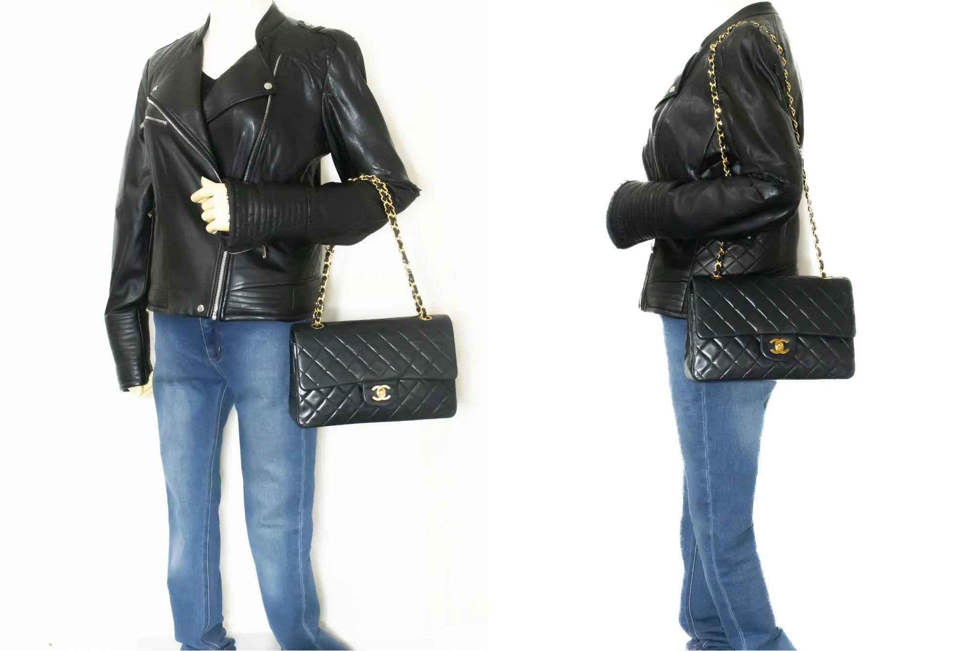 CHANEL Classic Double Flap 10" Chain Shoulder Bag Black Lambskin m95