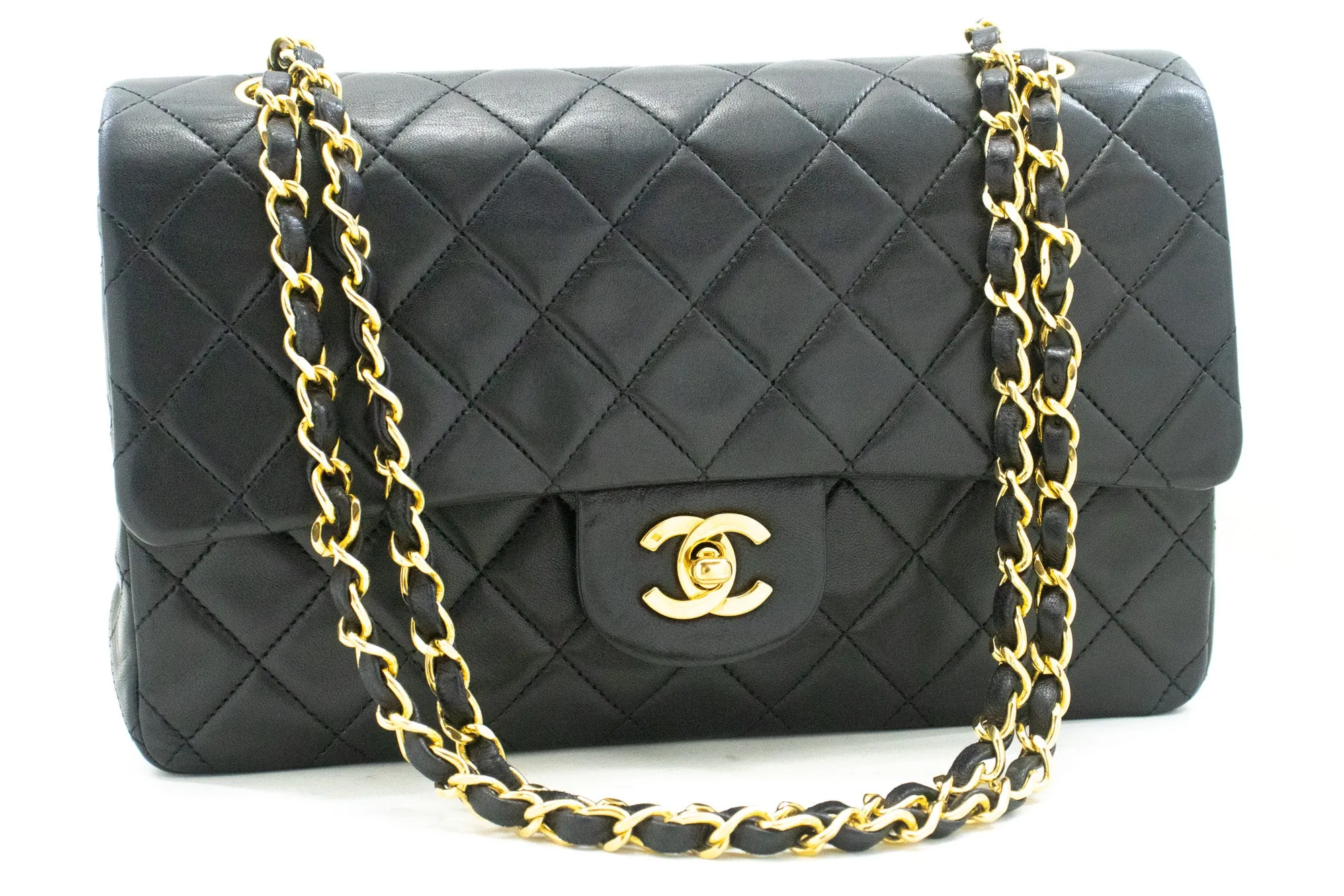 CHANEL Classic Double Flap 10" Chain Shoulder Bag Black Lambskin m95