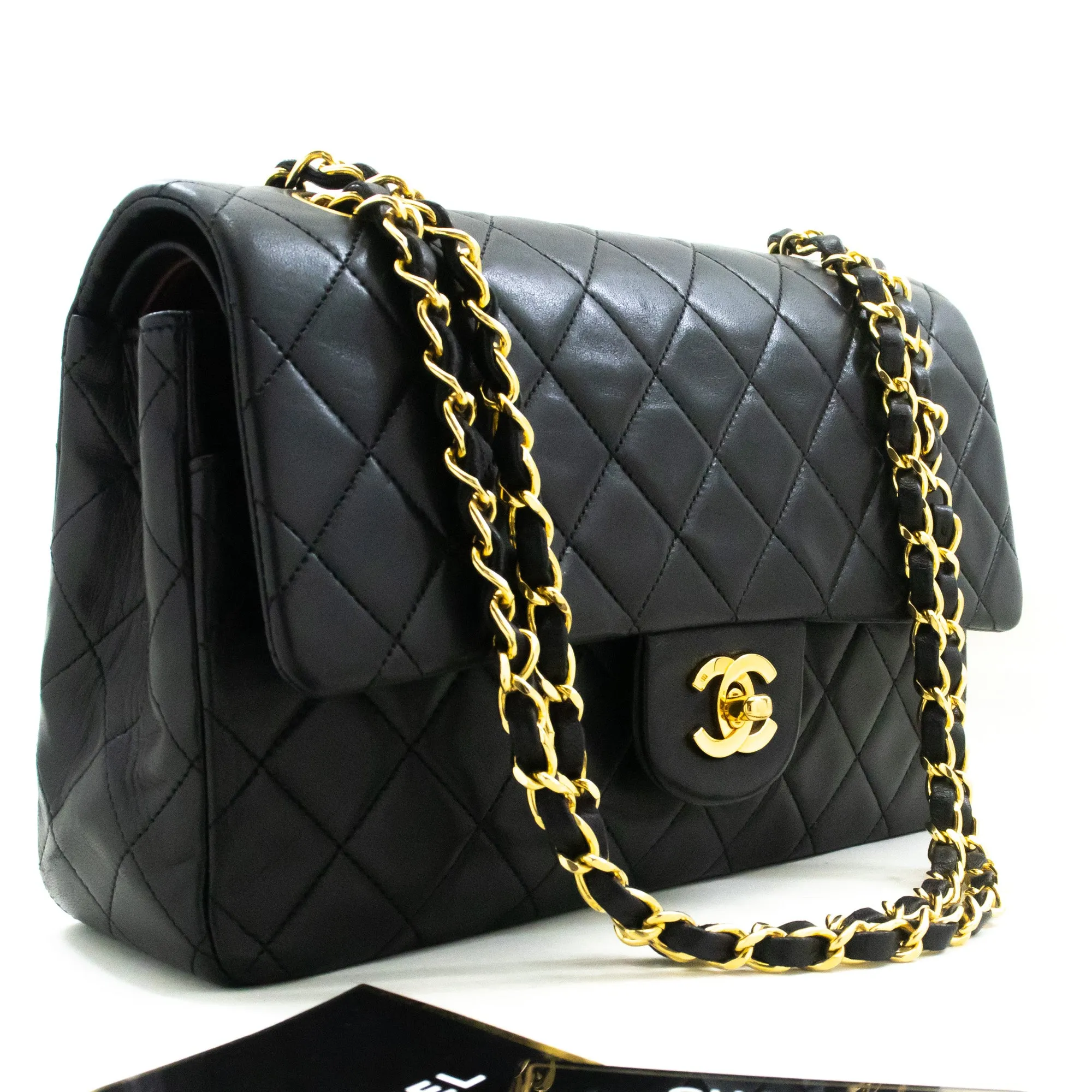 CHANEL Classic Double Flap 10" Chain Shoulder Bag Black Lambskin m95