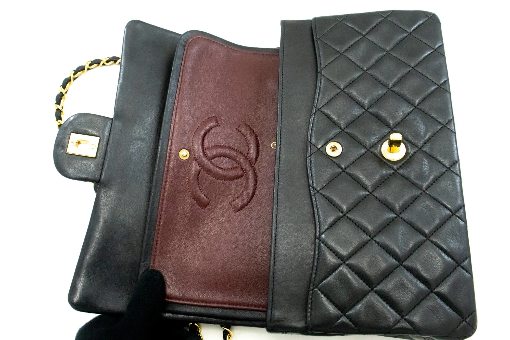 CHANEL Classic Double Flap 10" Chain Shoulder Bag Black Lambskin m95