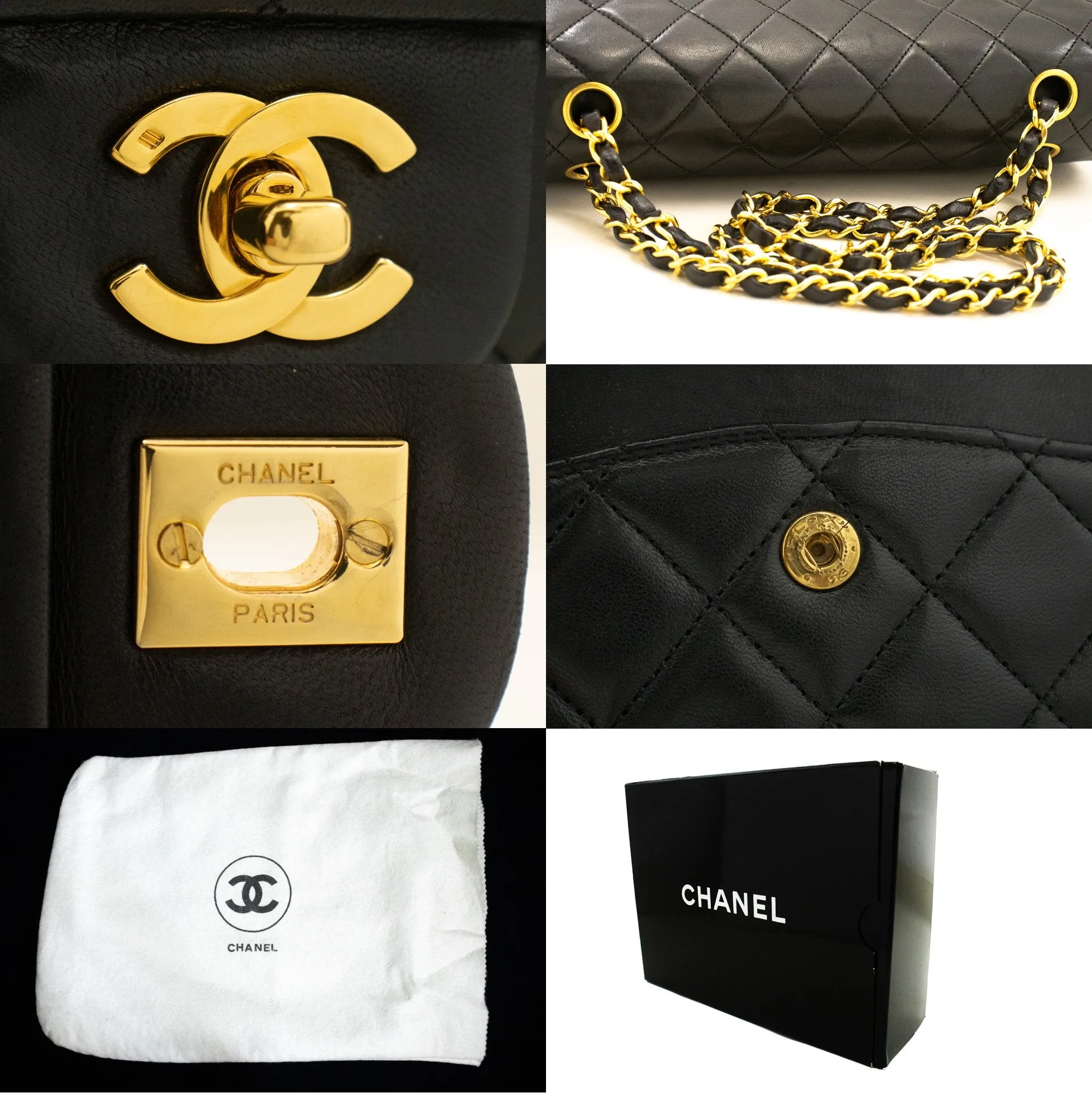CHANEL Classic Double Flap 10" Chain Shoulder Bag Black Lambskin m95