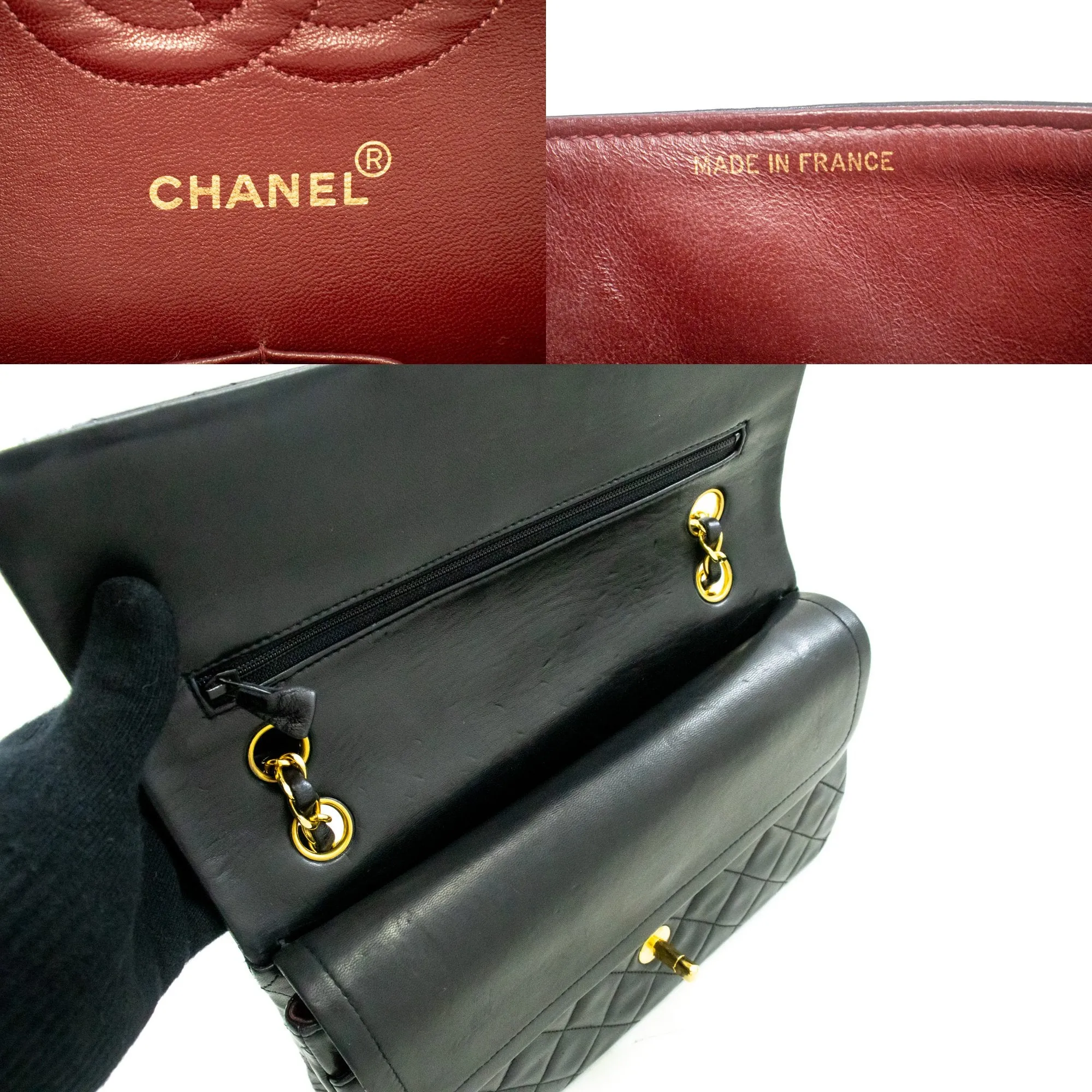 CHANEL Classic Double Flap 10" Chain Shoulder Bag Black Lambskin m95