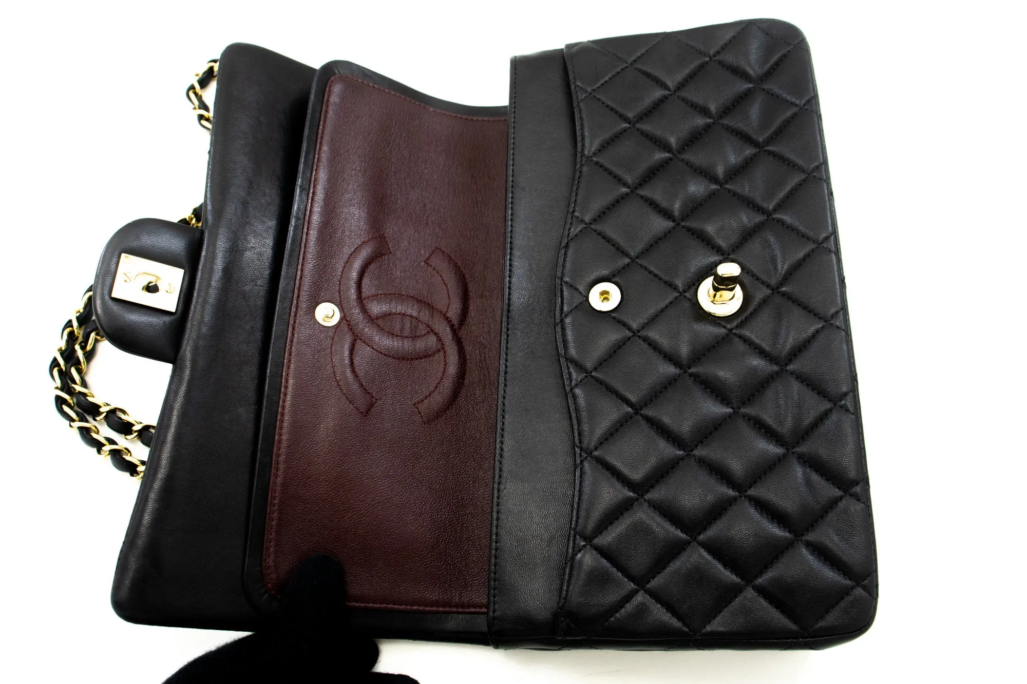 CHANEL Classic Double Flap 10" Chain Shoulder Bag Black Lambskin m97