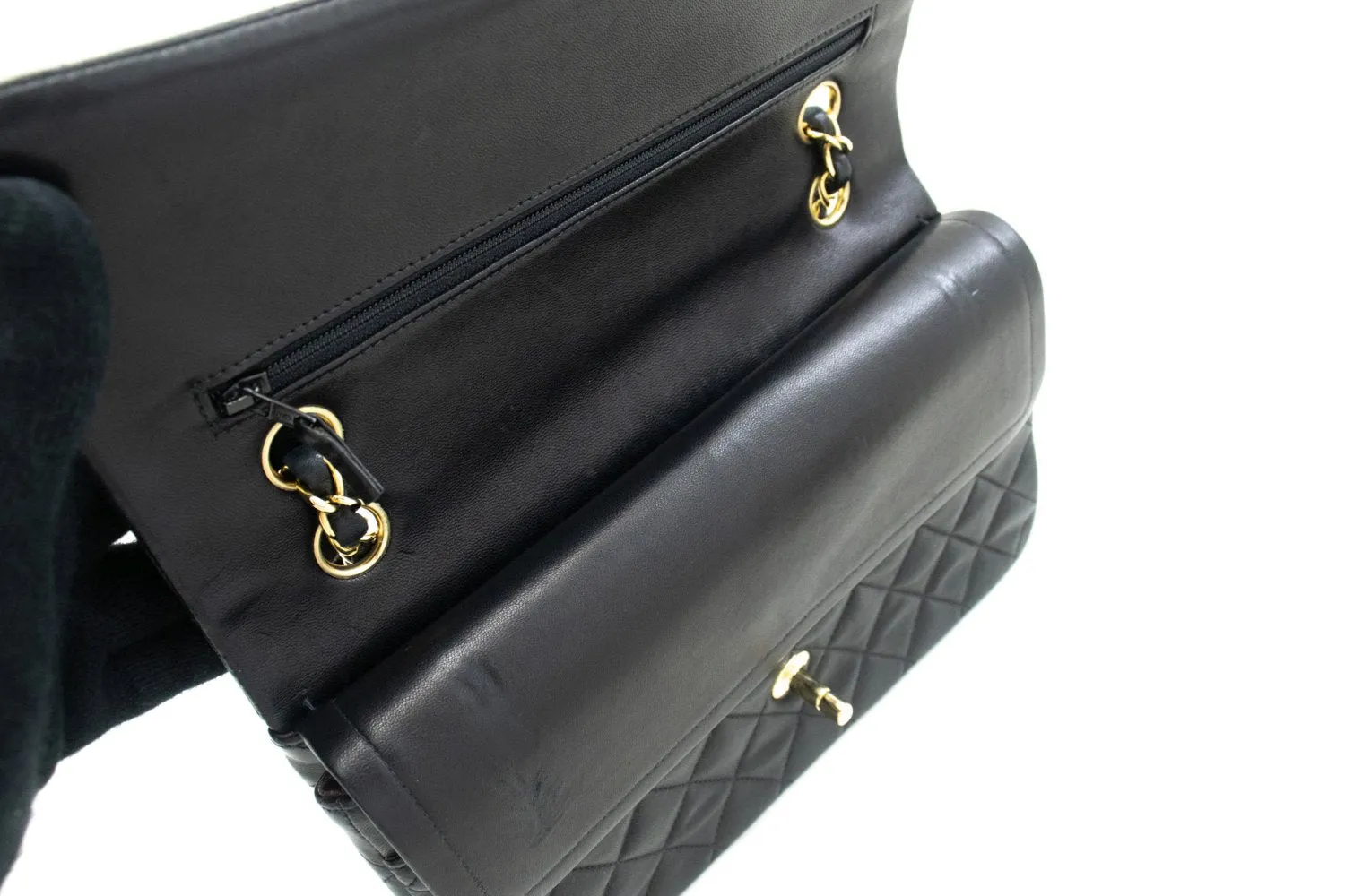 CHANEL Classic Double Flap 10" Chain Shoulder Bag Black Lambskin m97