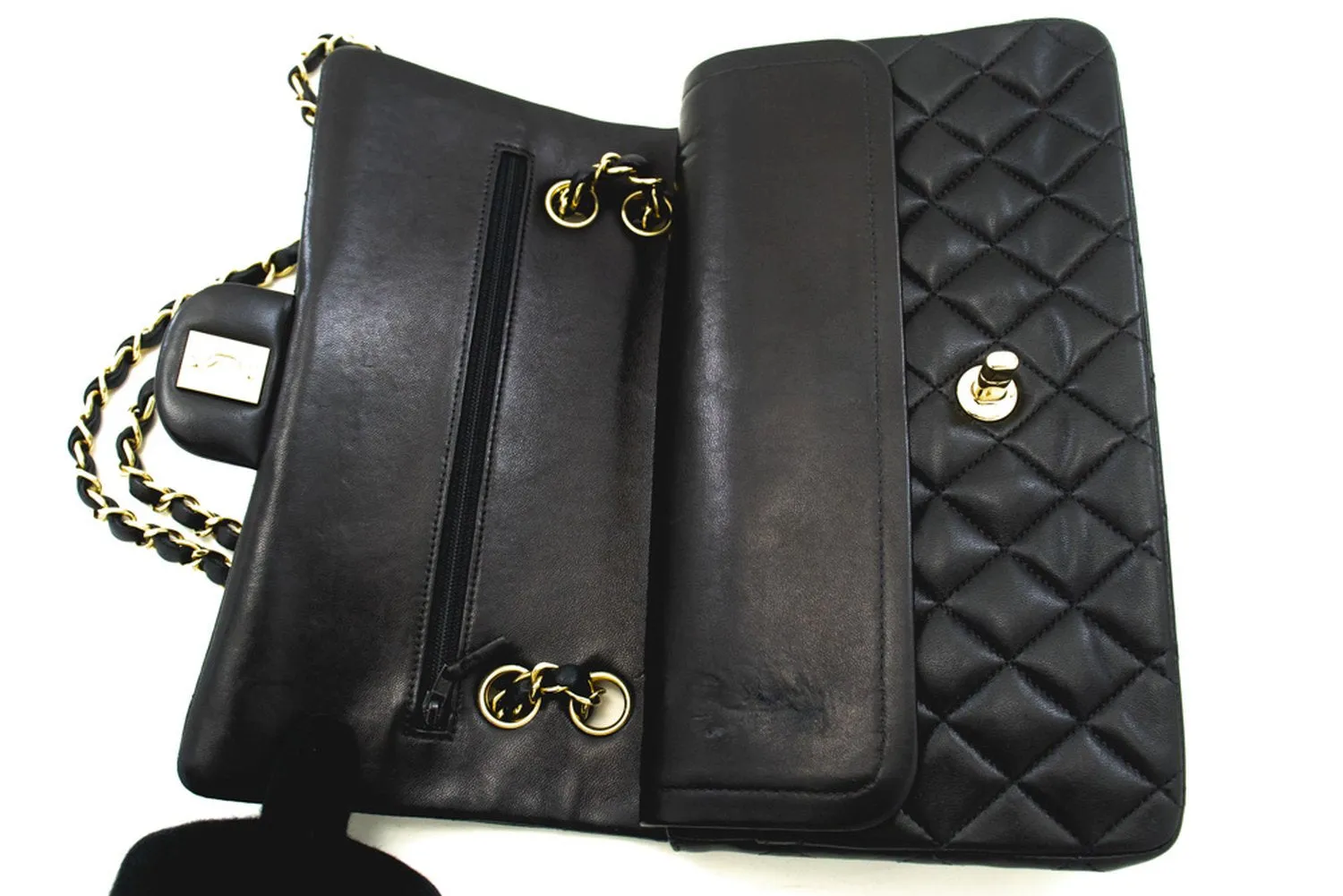 CHANEL Classic Double Flap 10" Chain Shoulder Bag Black Lambskin m97